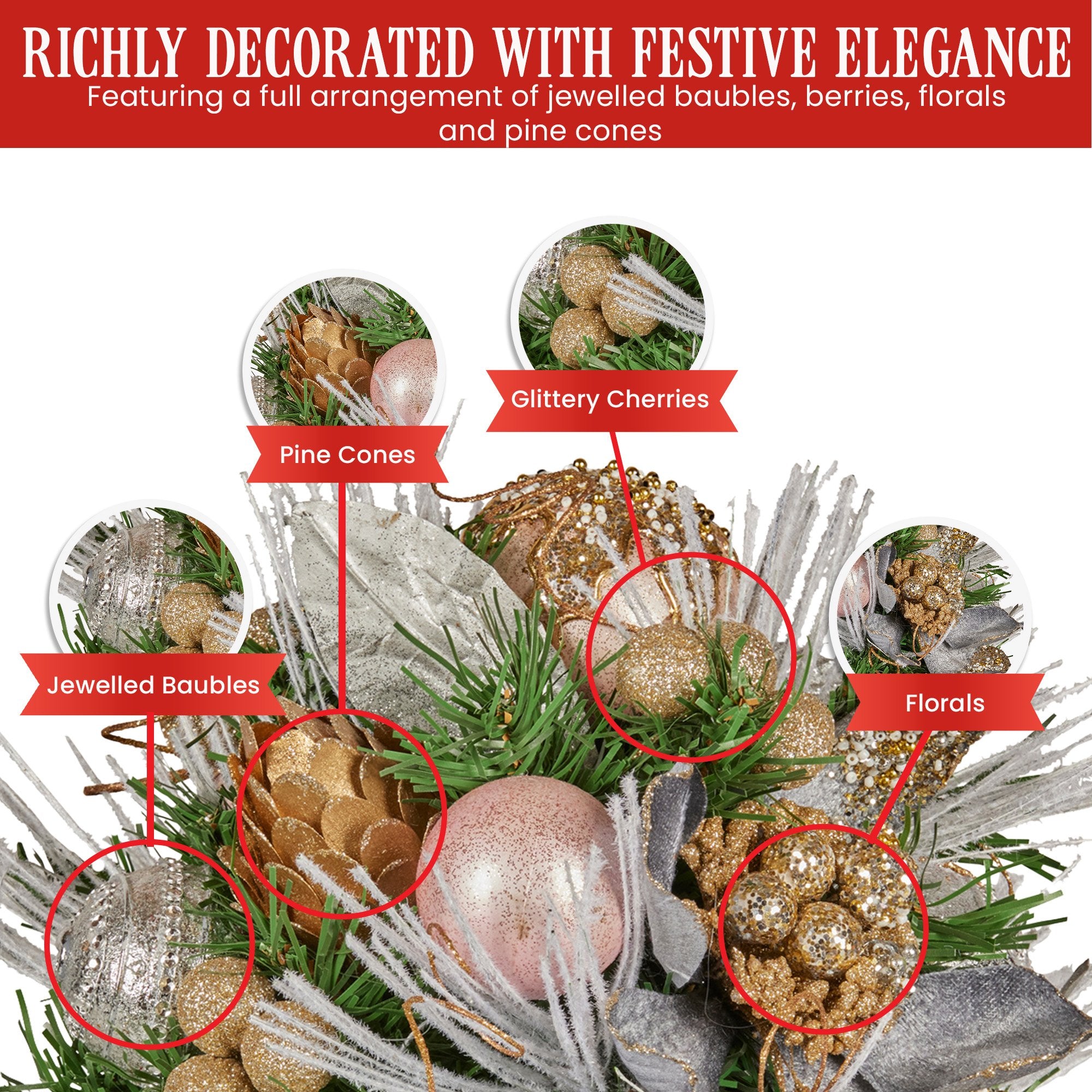 Christabelle 33cm Christmas Bouquet Pre Decorated Holiday Floral Arrangement w/Jewelled Baubles, Berries, Flowers & Pine 6