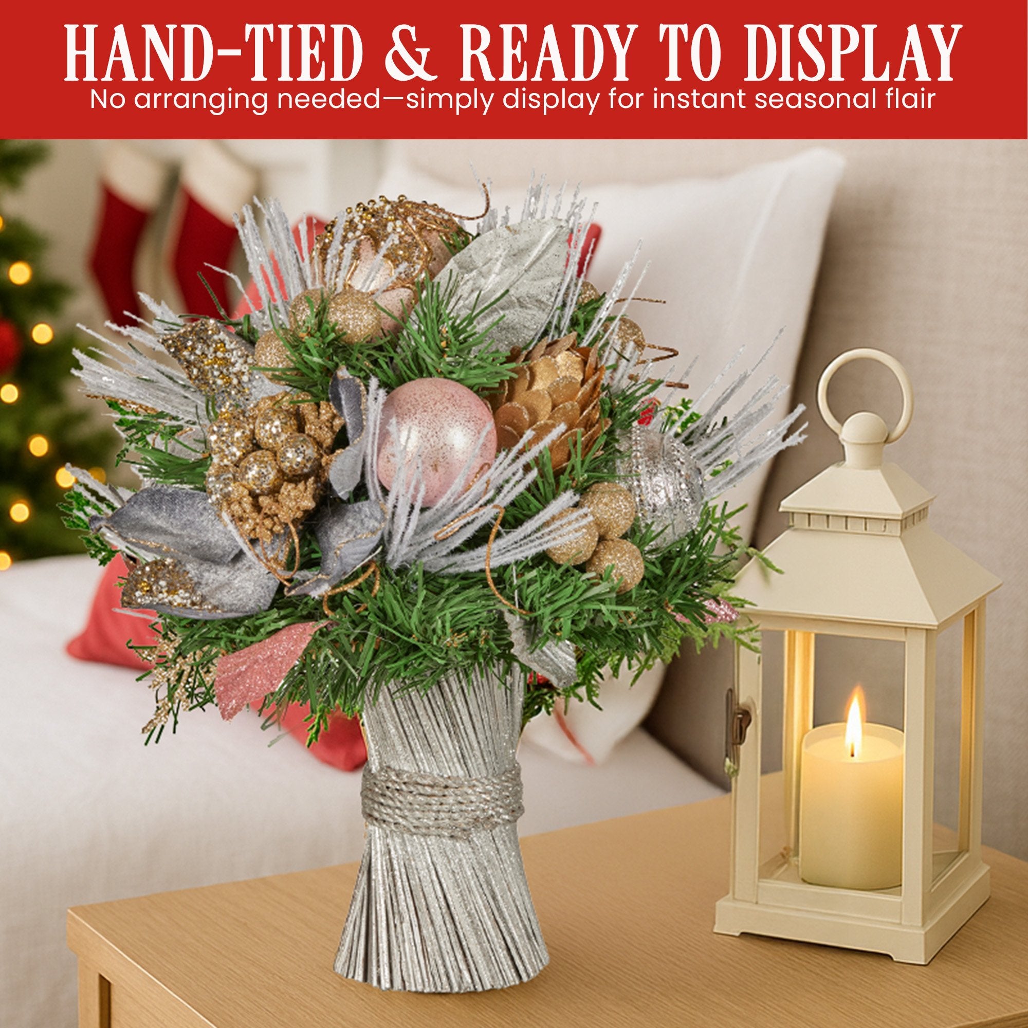 Christabelle 33cm Christmas Bouquet Pre Decorated Holiday Floral Arrangement w/Jewelled Baubles, Berries, Flowers & Pine 8