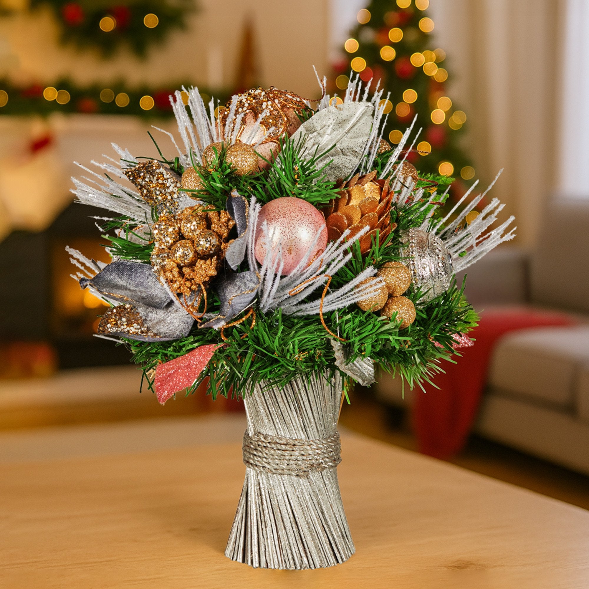 Christabelle 33cm Christmas Bouquet Pre Decorated Holiday Floral Arrangement w/Jewelled Baubles, Berries, Flowers & Pine 9