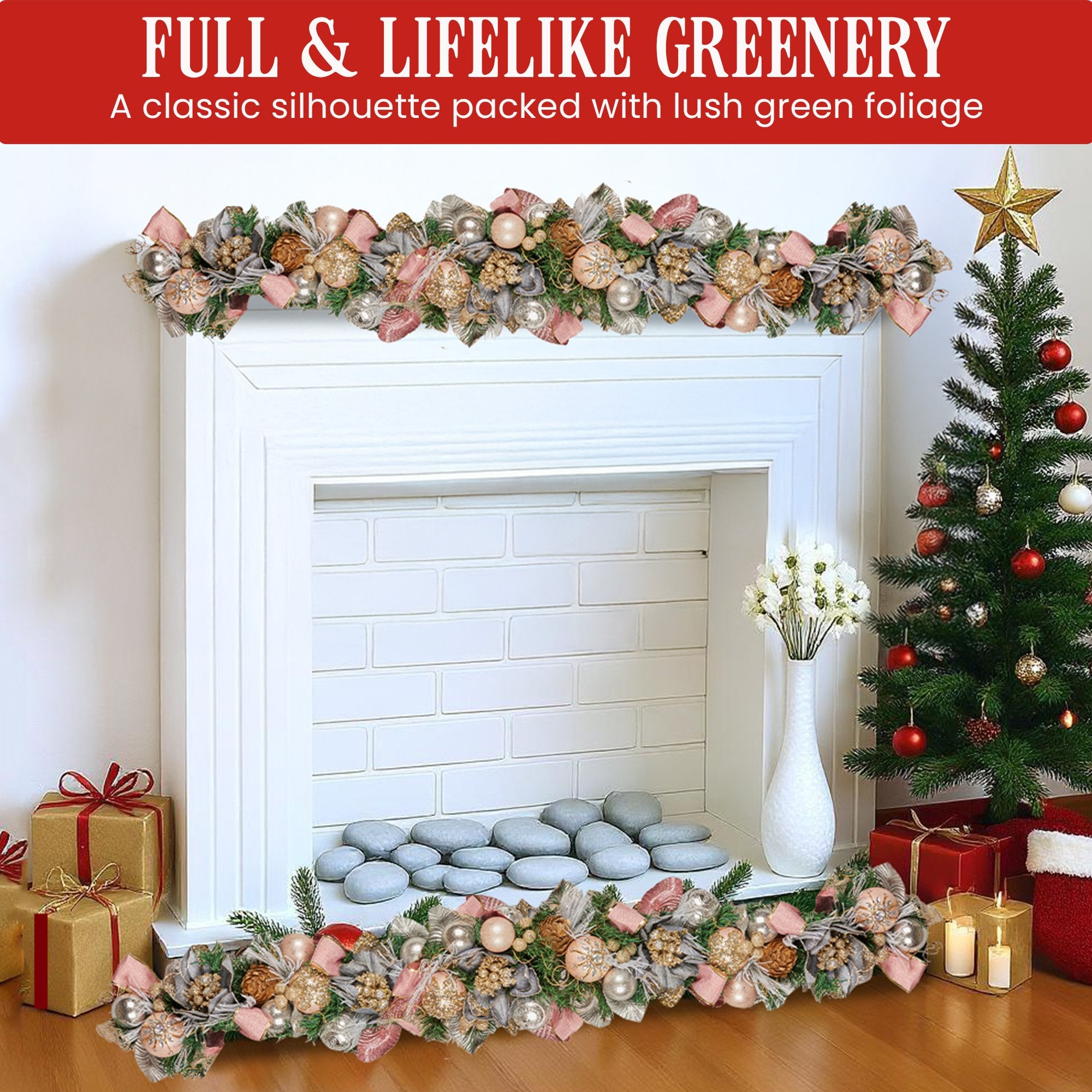 Christabelle 185cm Christmas Garland Lush Green Holiday Door Garland w/Jewelled Baubles, Flowers, Ribbon & Berries 5