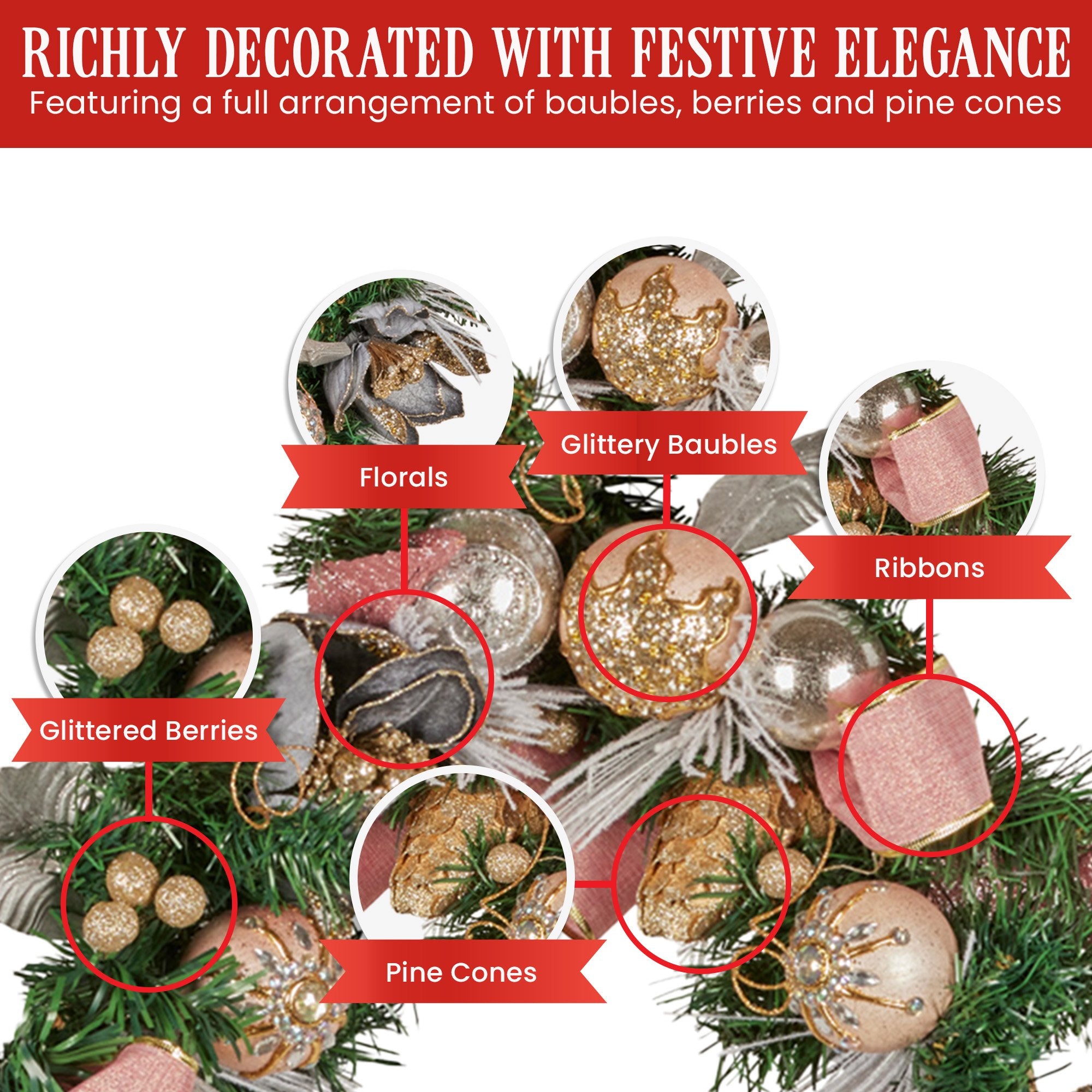 Christabelle 185cm Christmas Garland Lush Green Holiday Door Garland w/Jewelled Baubles, Flowers, Ribbon & Berries 6