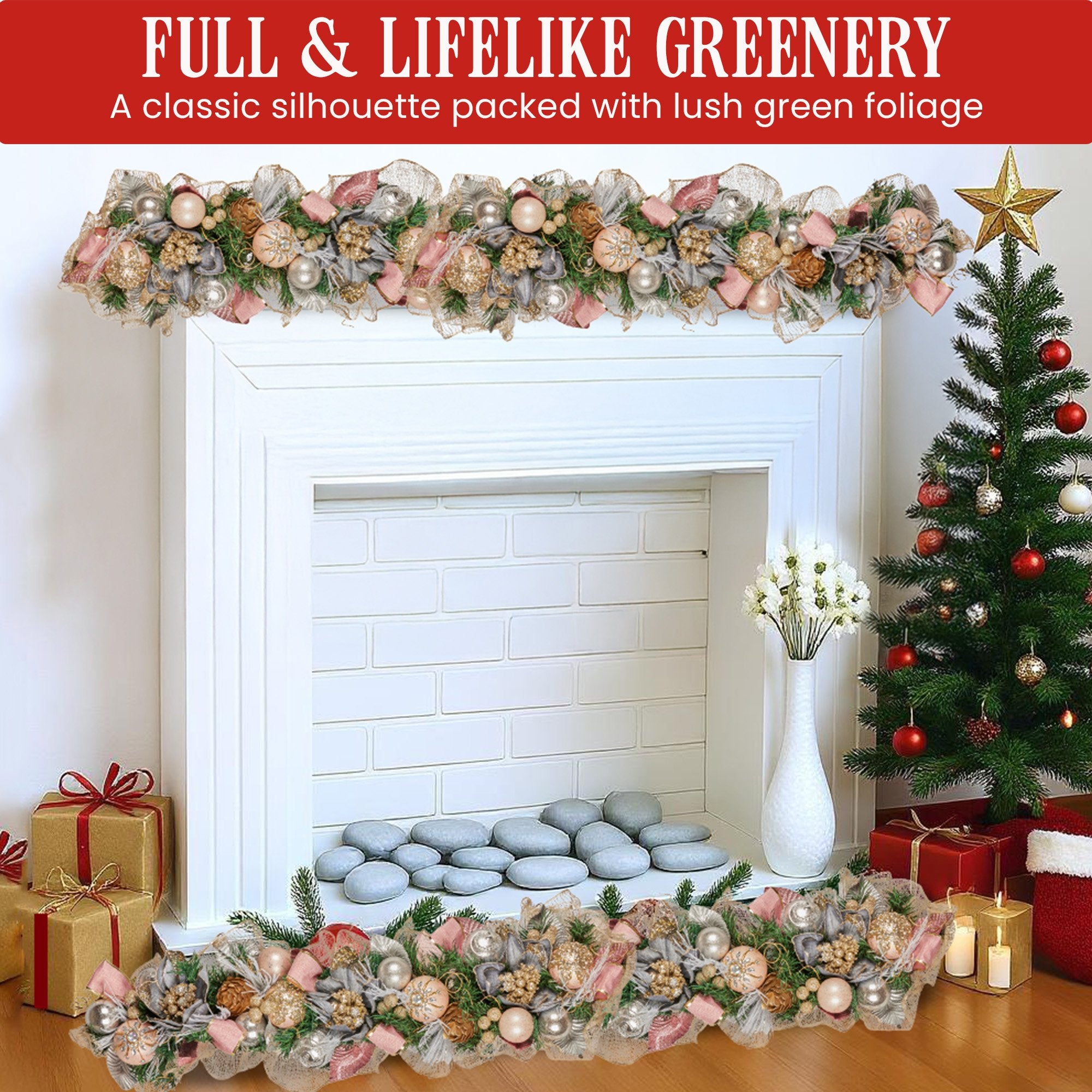 Christabelle 100cm Christmas Garland Lush Green Holiday Door Garland w/Jewelled Baubles & Berries Pre Decorated Festive 5