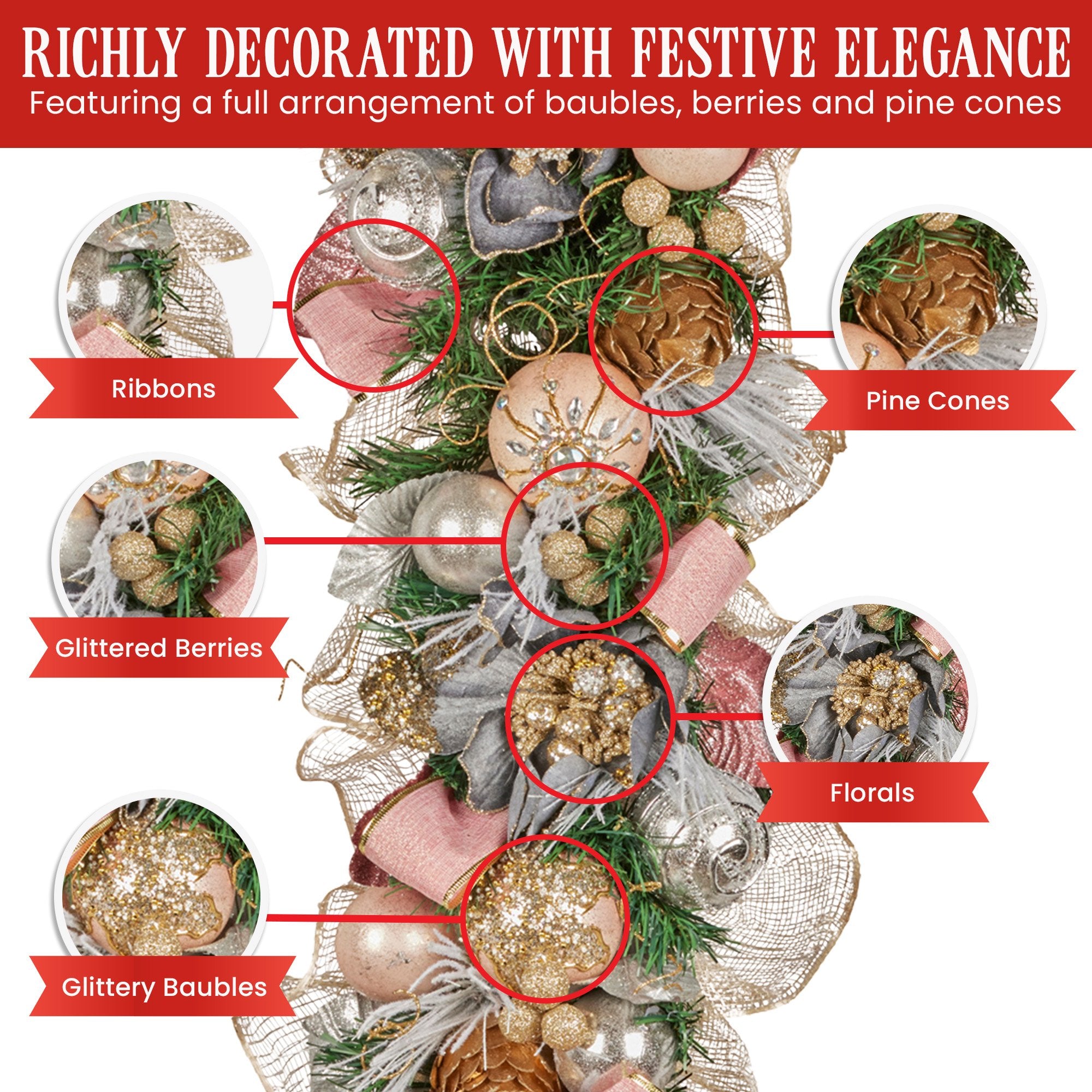 Christabelle 100cm Christmas Garland Lush Green Holiday Door Garland w/Jewelled Baubles & Berries Pre Decorated Festive 6