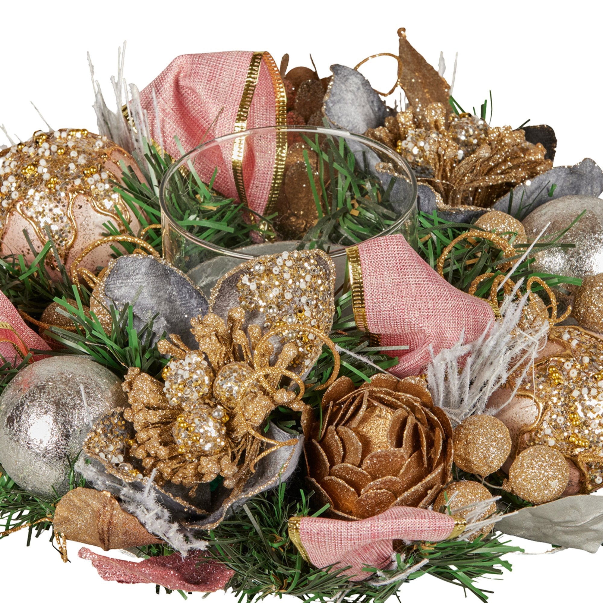 Christabelle 26cm Christmas Centrepiece Lush Green Holiday w/Jewelled Baubles, Foliage, Flowers, Pine Cones, Ribbon 3