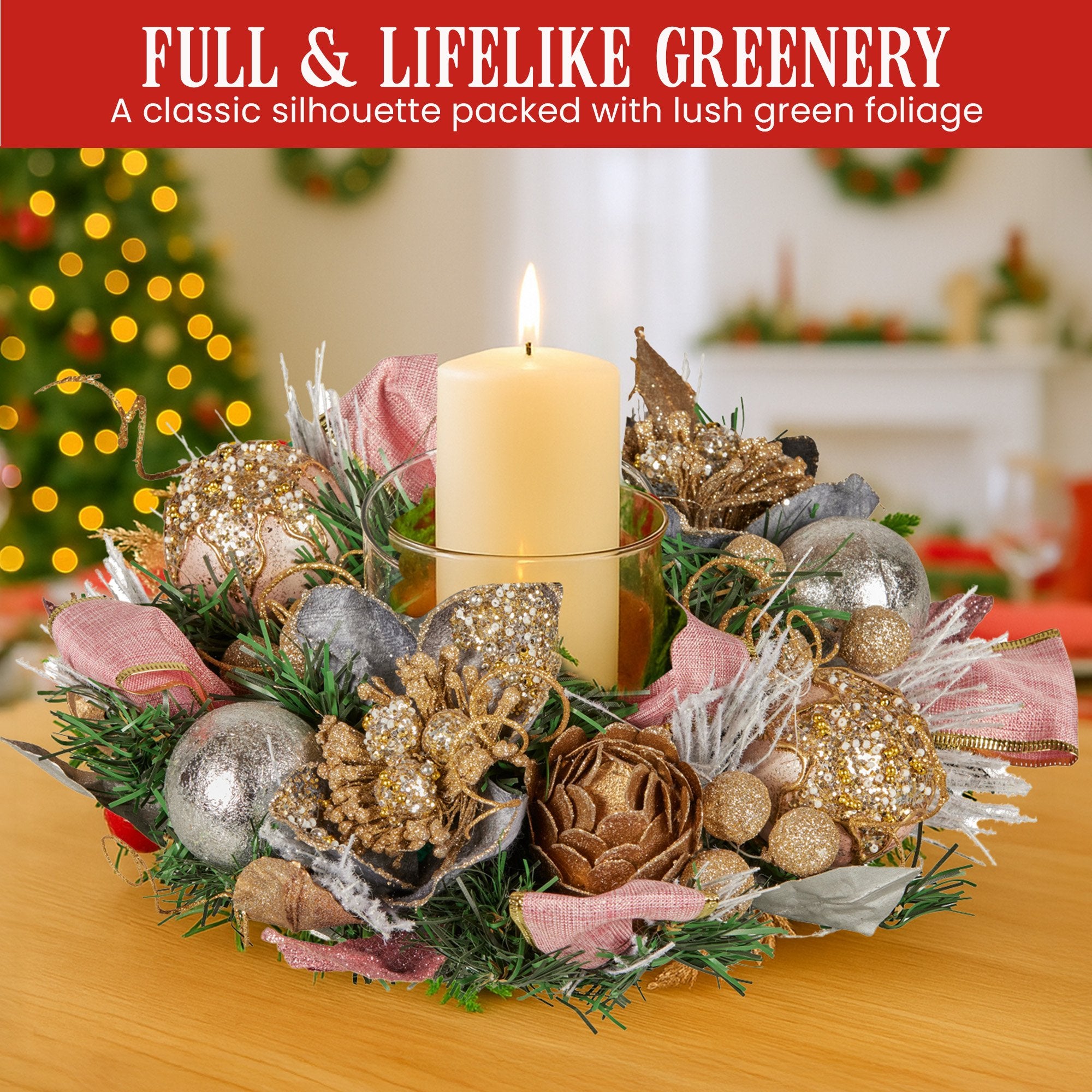 Christabelle 26cm Christmas Centrepiece Lush Green Holiday w/Jewelled Baubles, Foliage, Flowers, Pine Cones, Ribbon 5