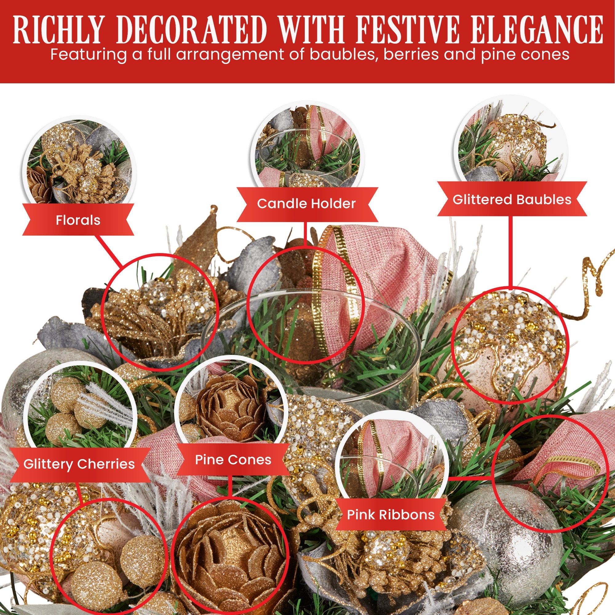 Christabelle 26cm Christmas Centrepiece Lush Green Holiday w/Jewelled Baubles, Foliage, Flowers, Pine Cones, Ribbon 6