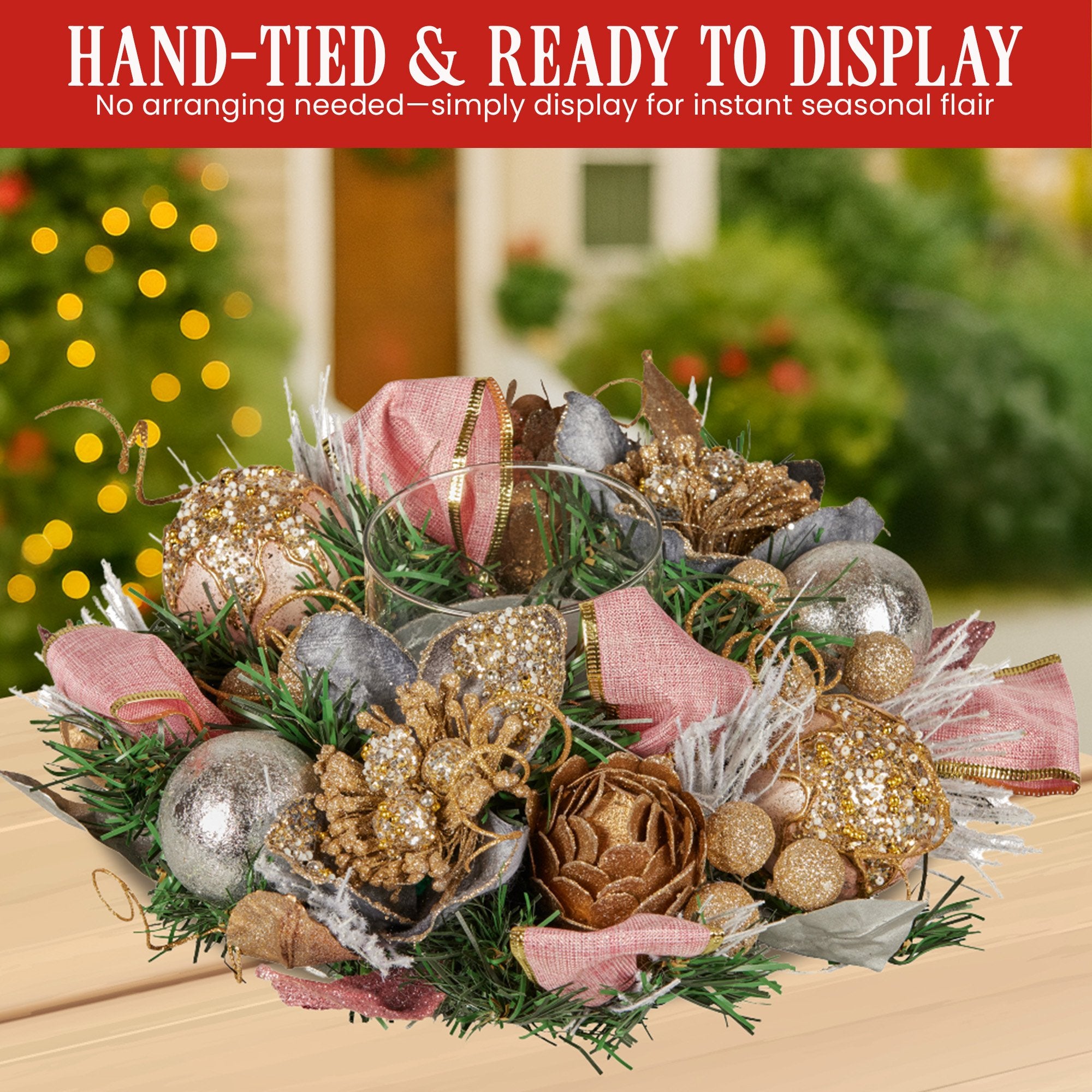 Christabelle 26cm Christmas Centrepiece Lush Green Holiday w/Jewelled Baubles, Foliage, Flowers, Pine Cones, Ribbon 8