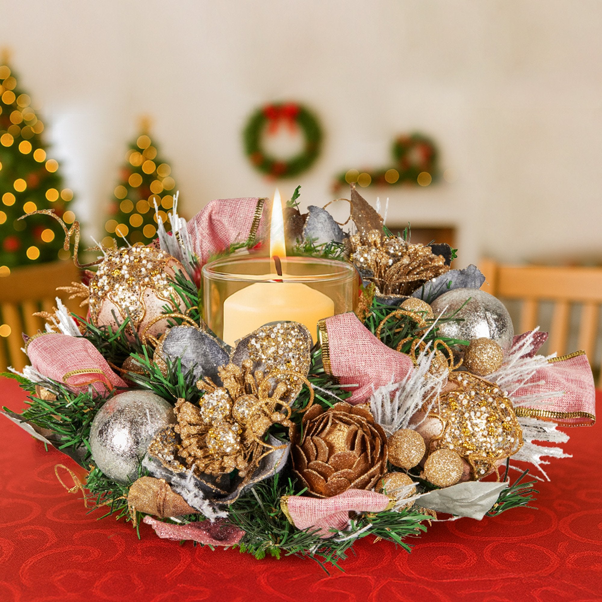 Christabelle 26cm Christmas Centrepiece Lush Green Holiday w/Jewelled Baubles, Foliage, Flowers, Pine Cones, Ribbon 9
