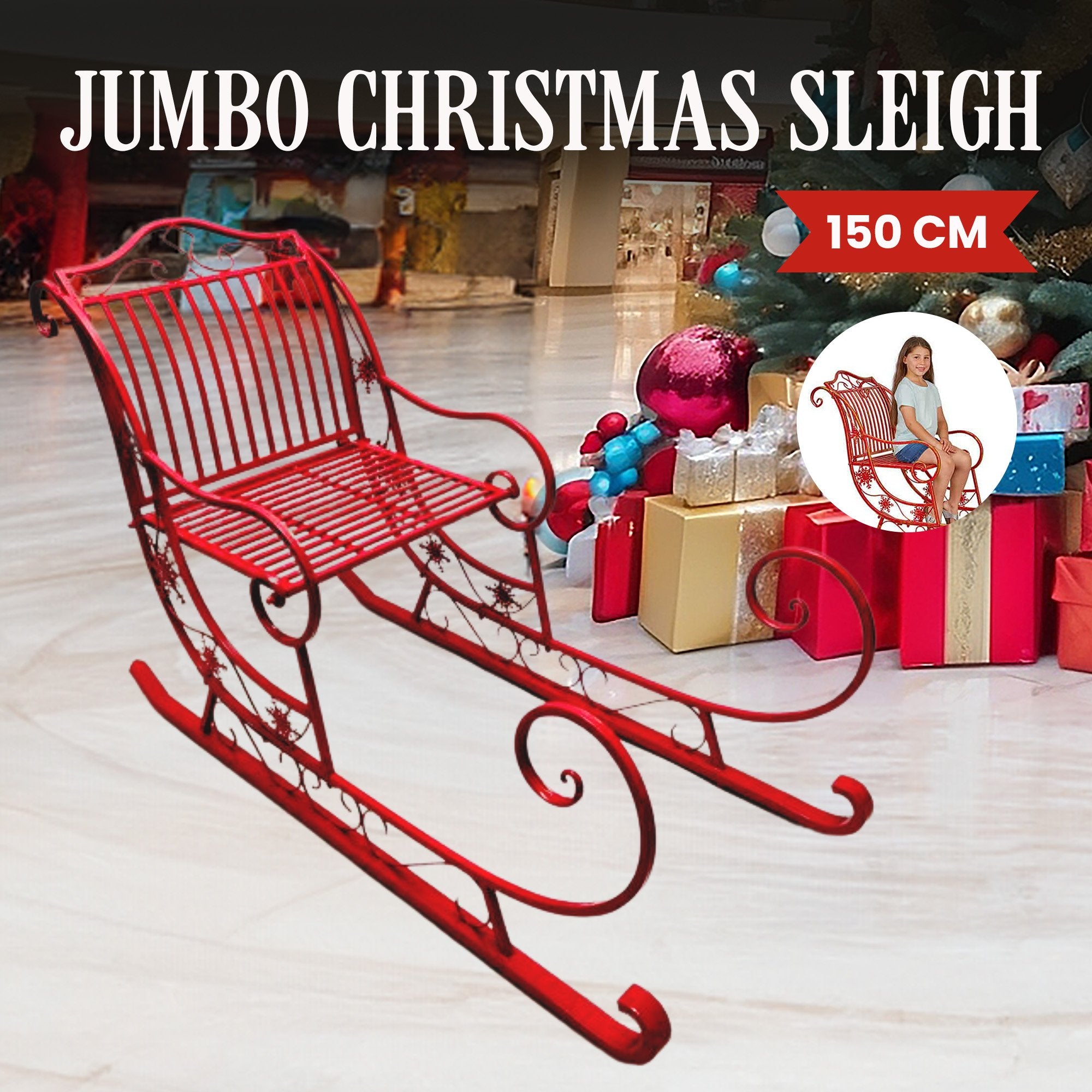 Christabelle Christmas Sleigh With Red Finish - Metal 150cm 3