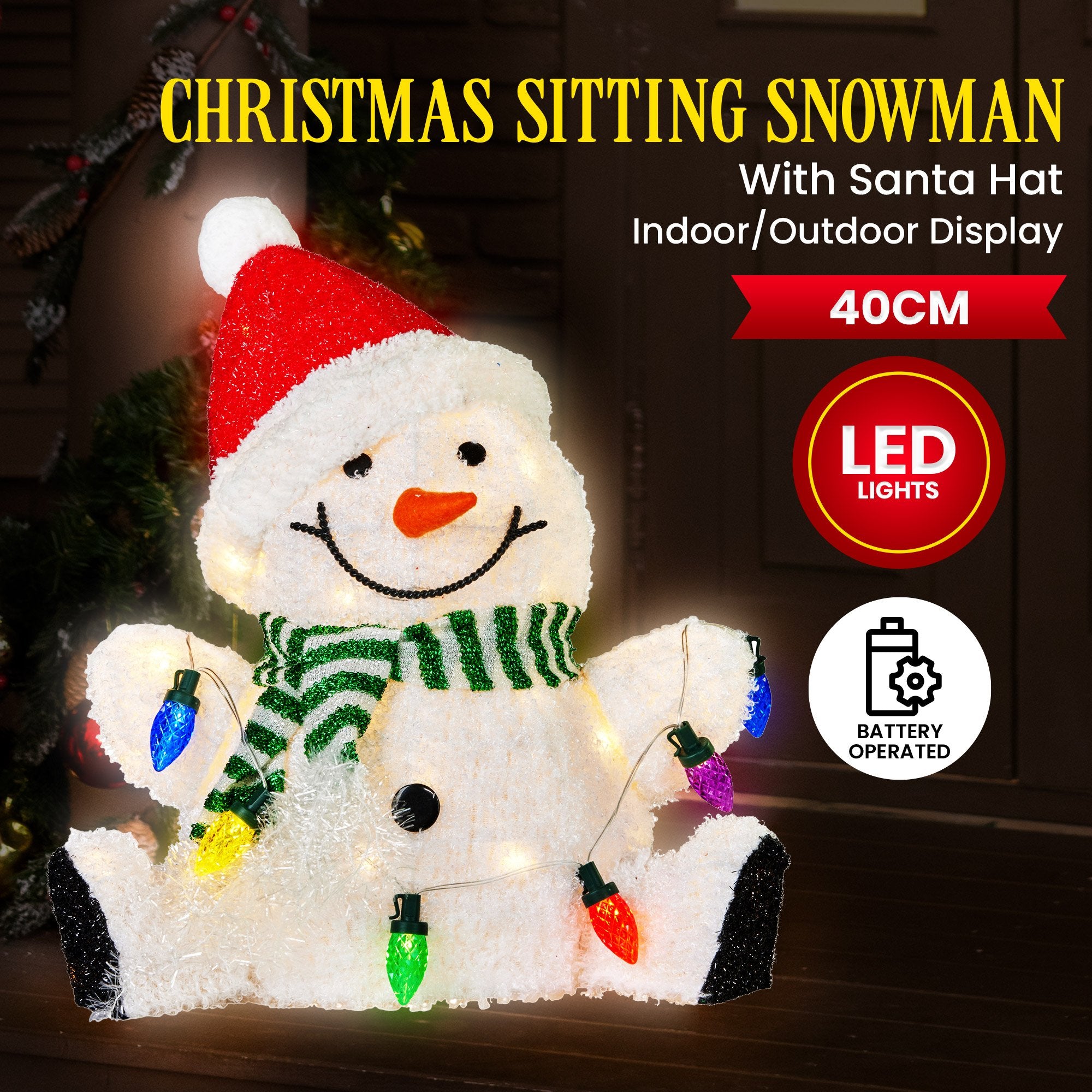Christabelle Sitting Christmas Snowman Display With Lights - 40cm 3