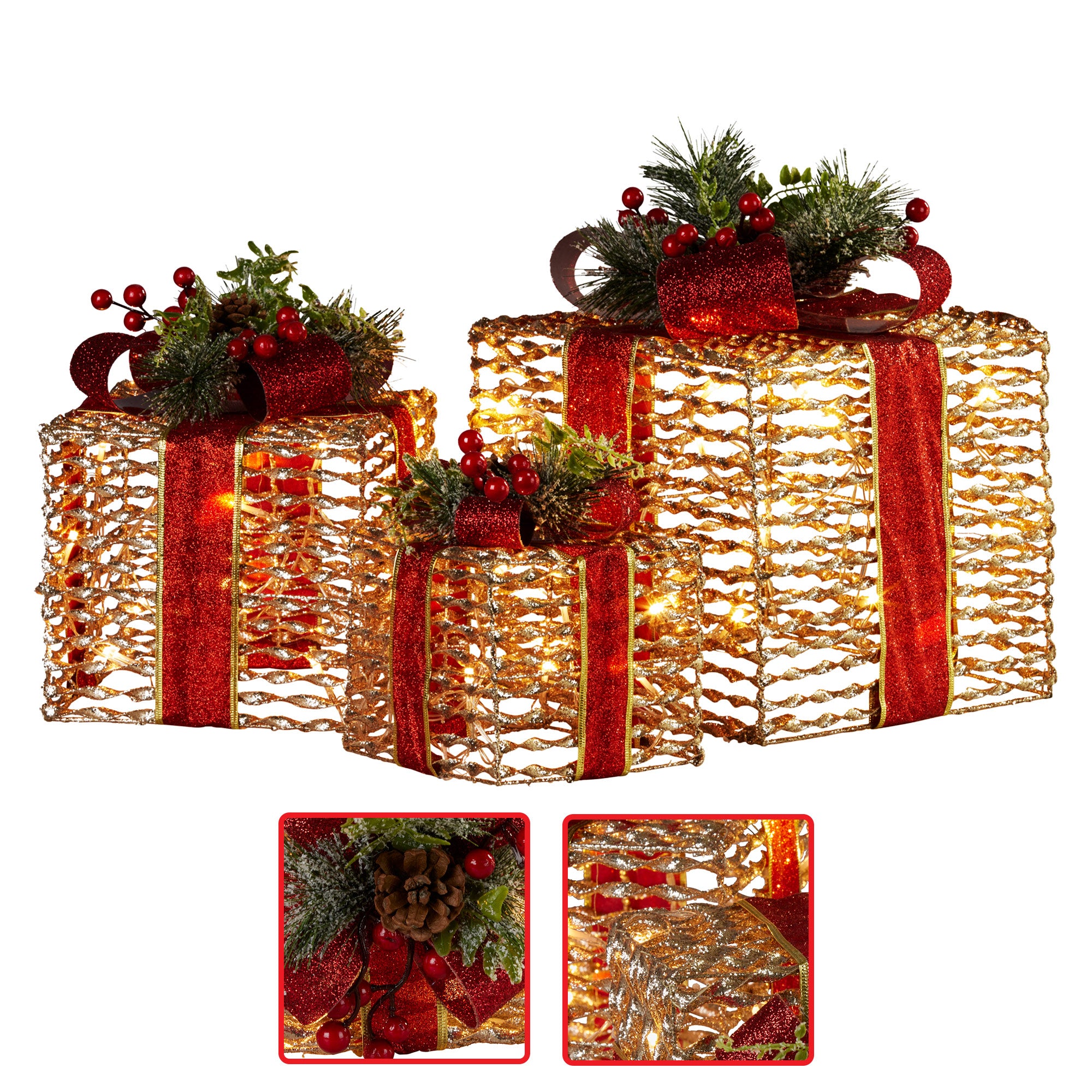 Christabelle Set Of 3 Christmas Gift Boxes With Lights - Champagne With Red Bows 5