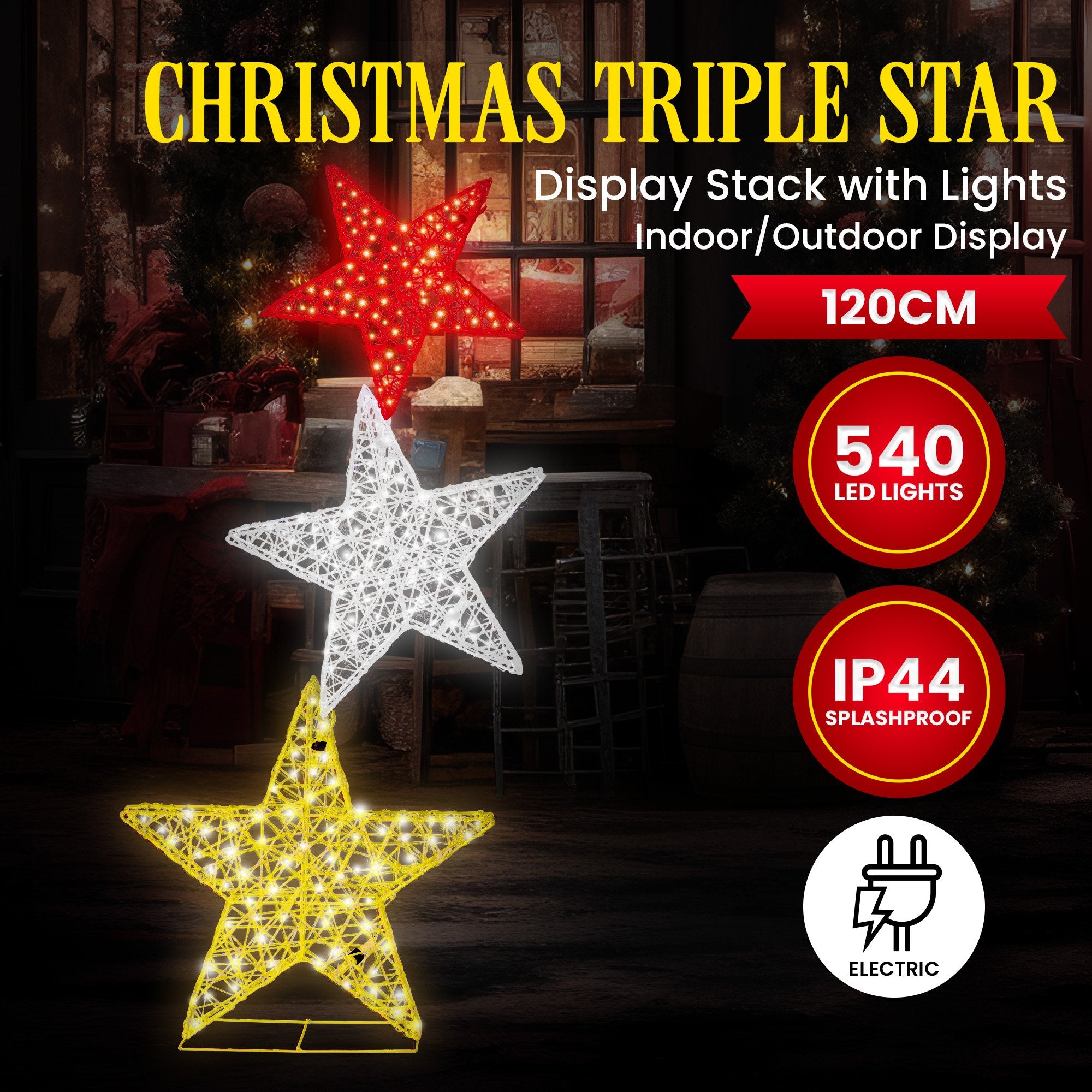 Christabelle 120cm Triple Star Christmas Display with Lights 3