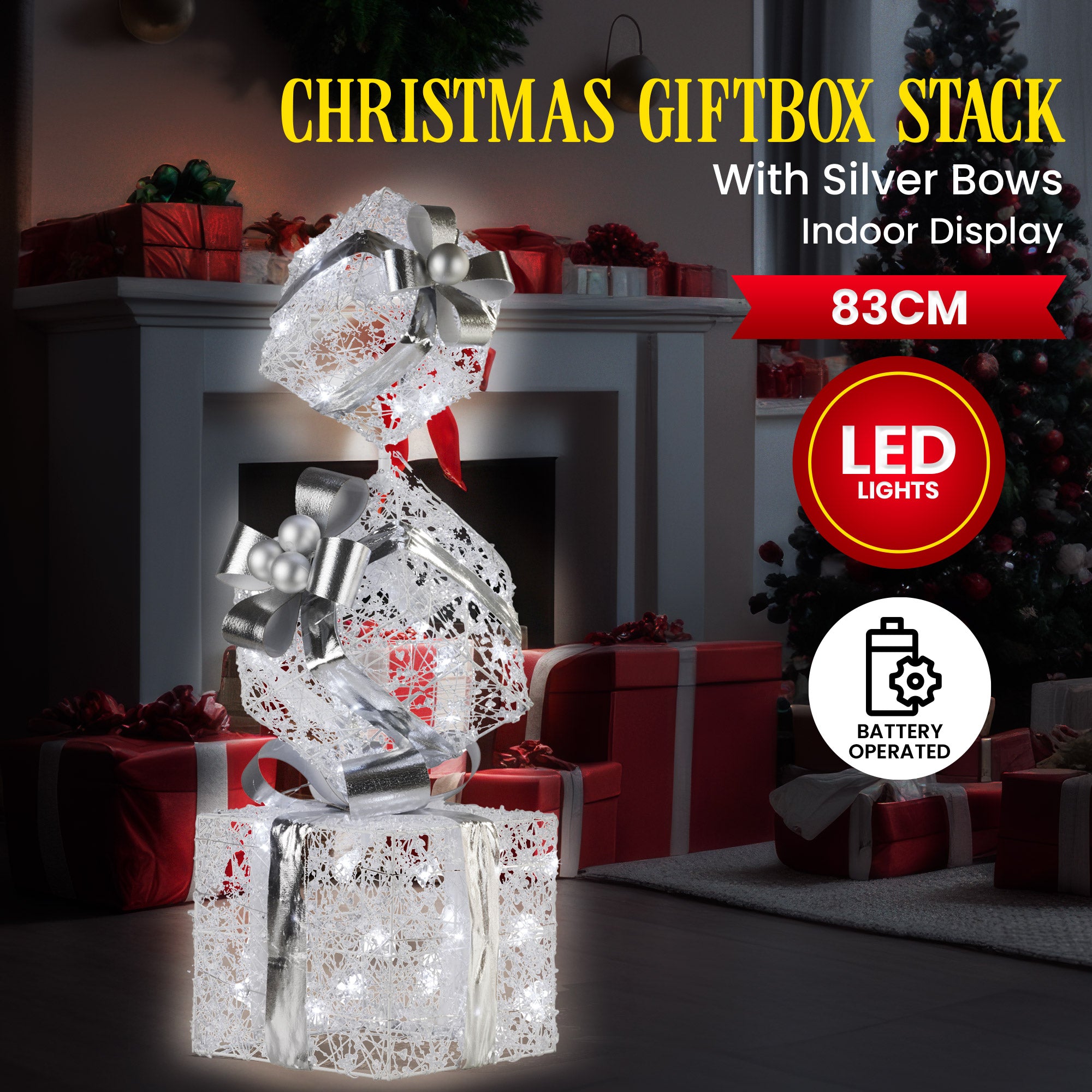 Christabelle 83cm Triple Christmas Silver Giftbox Stack Display with Lights 3