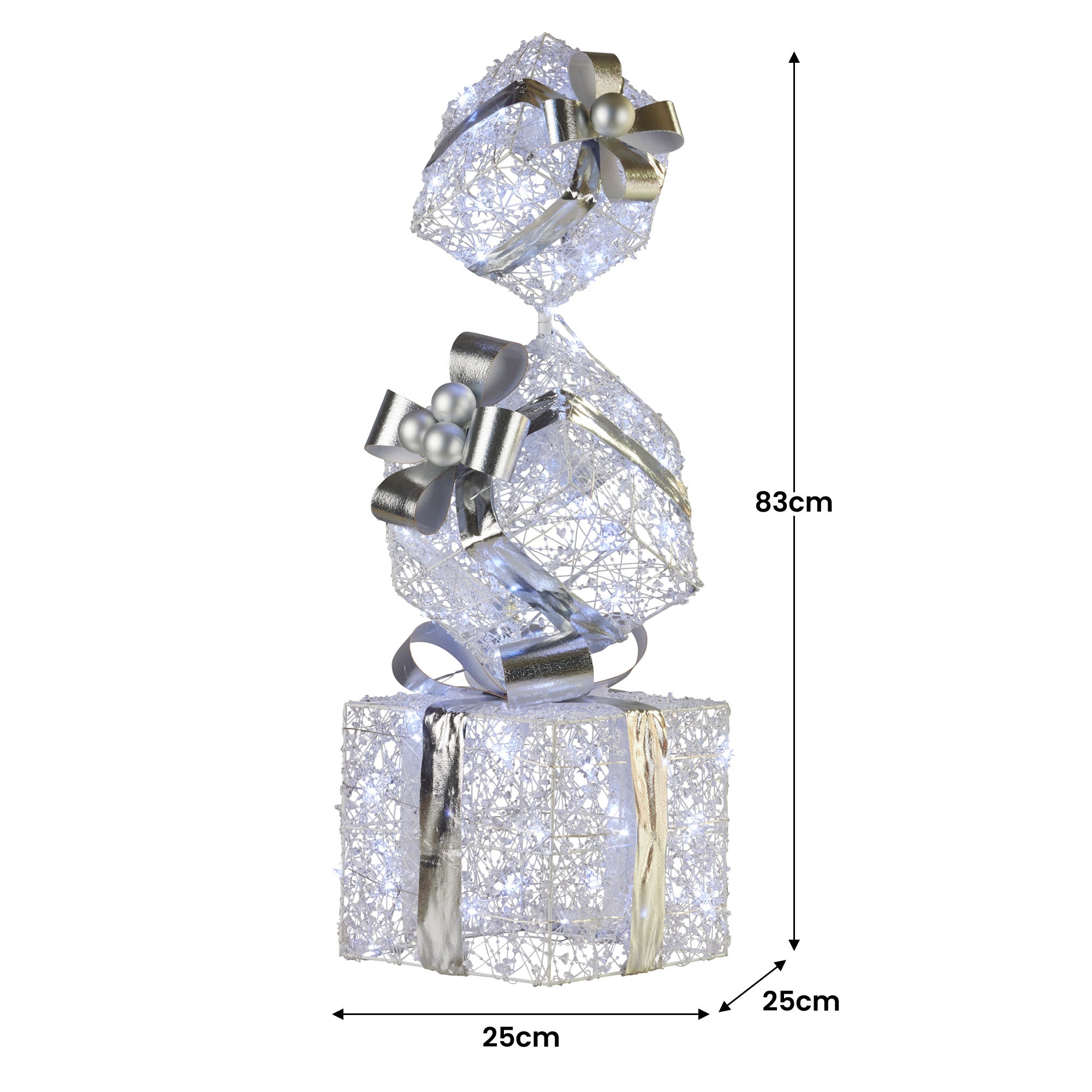 Christabelle 83cm Triple Christmas Silver Giftbox Stack Display with Lights 4