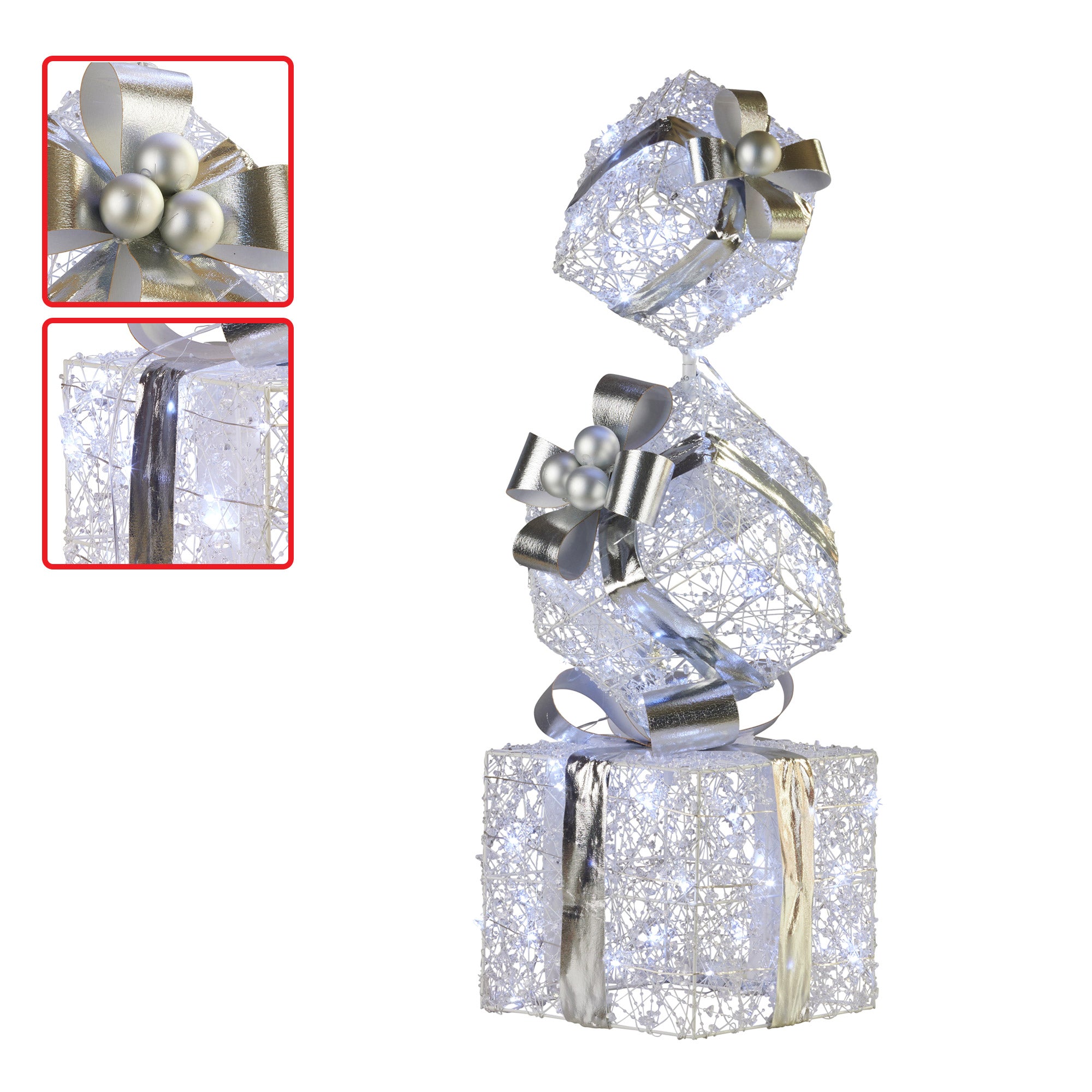 Christabelle 83cm Triple Christmas Silver Giftbox Stack Display with Lights 5