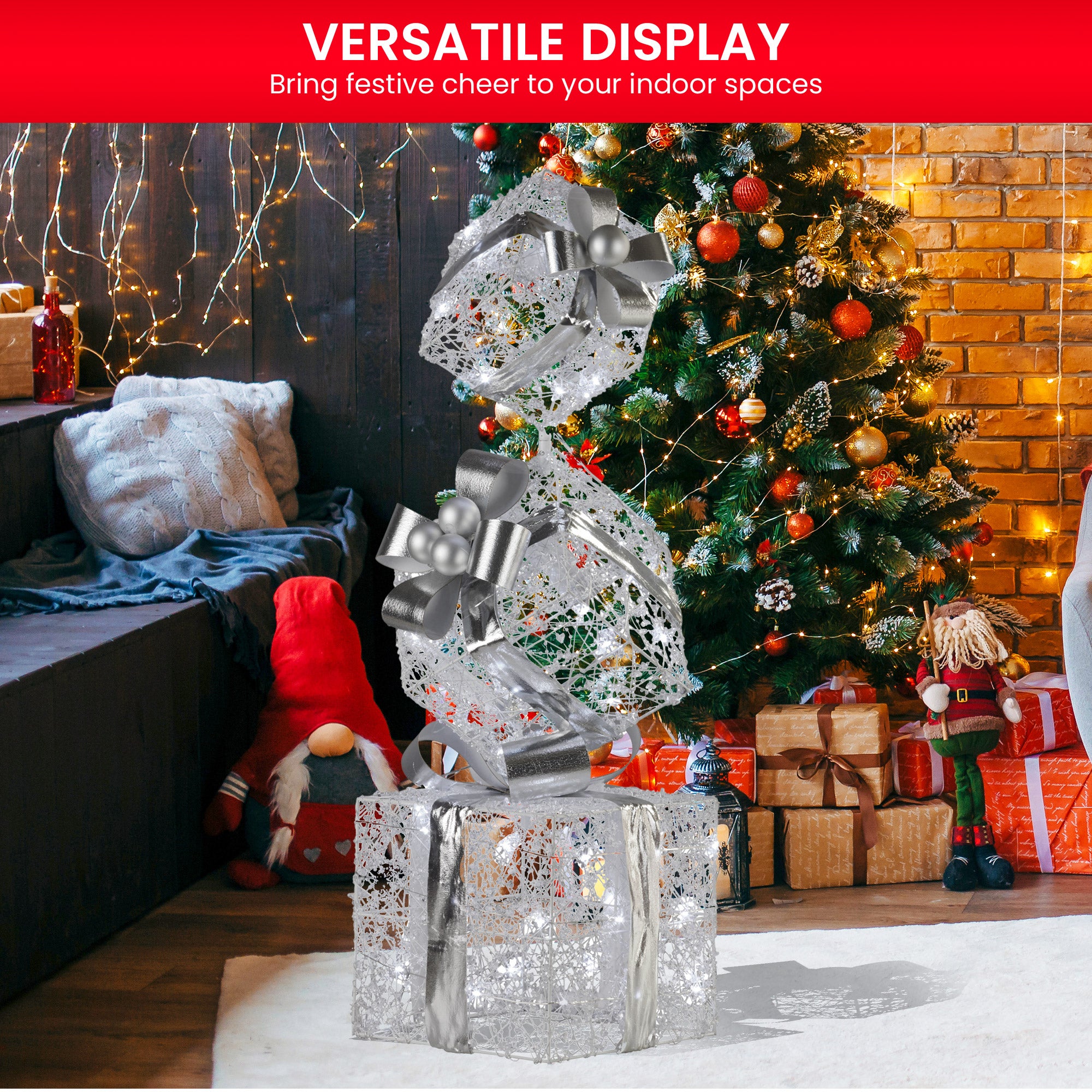 Christabelle 83cm Triple Christmas Silver Giftbox Stack Display with Lights 6