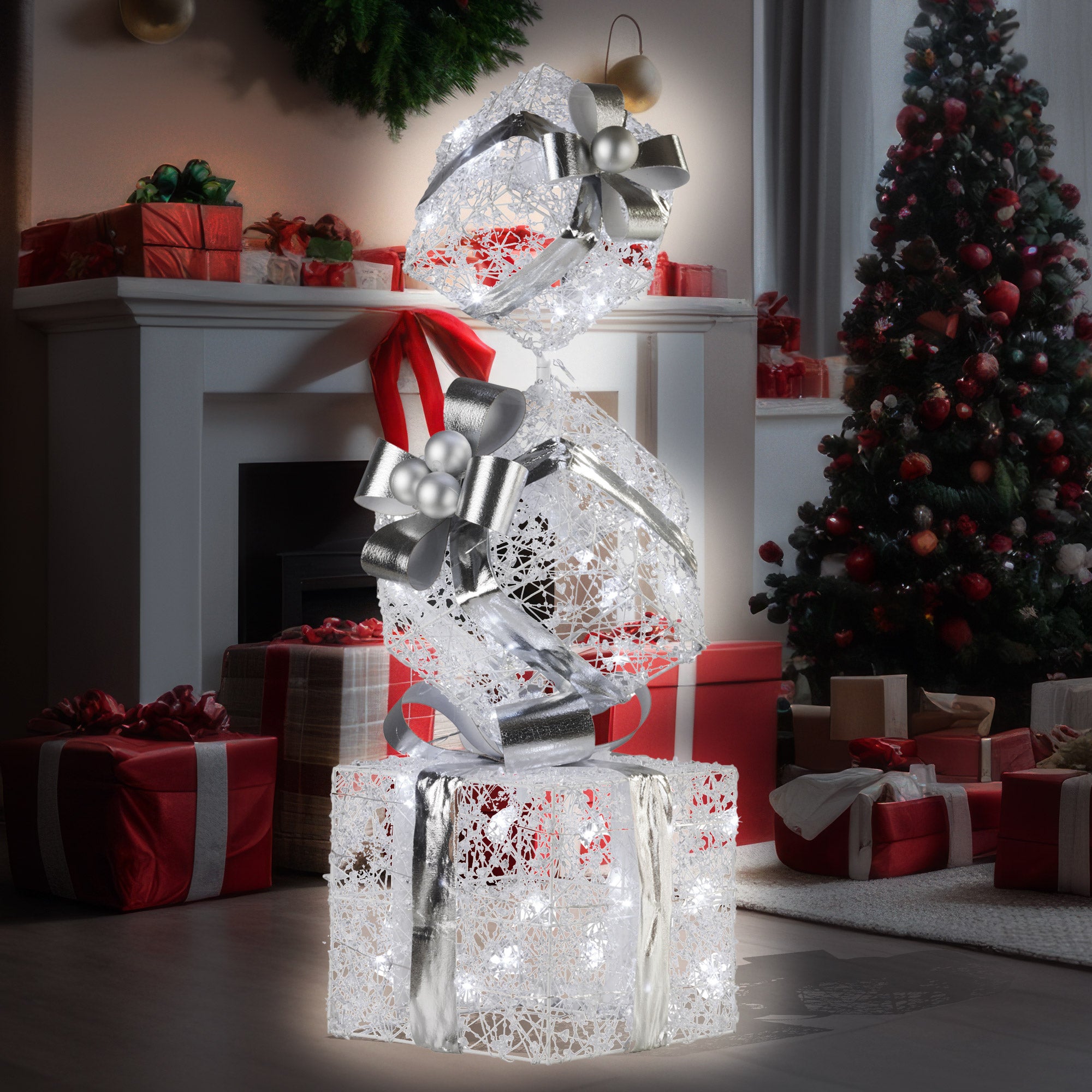Christabelle 83cm Triple Christmas Silver Giftbox Stack Display with Lights 7