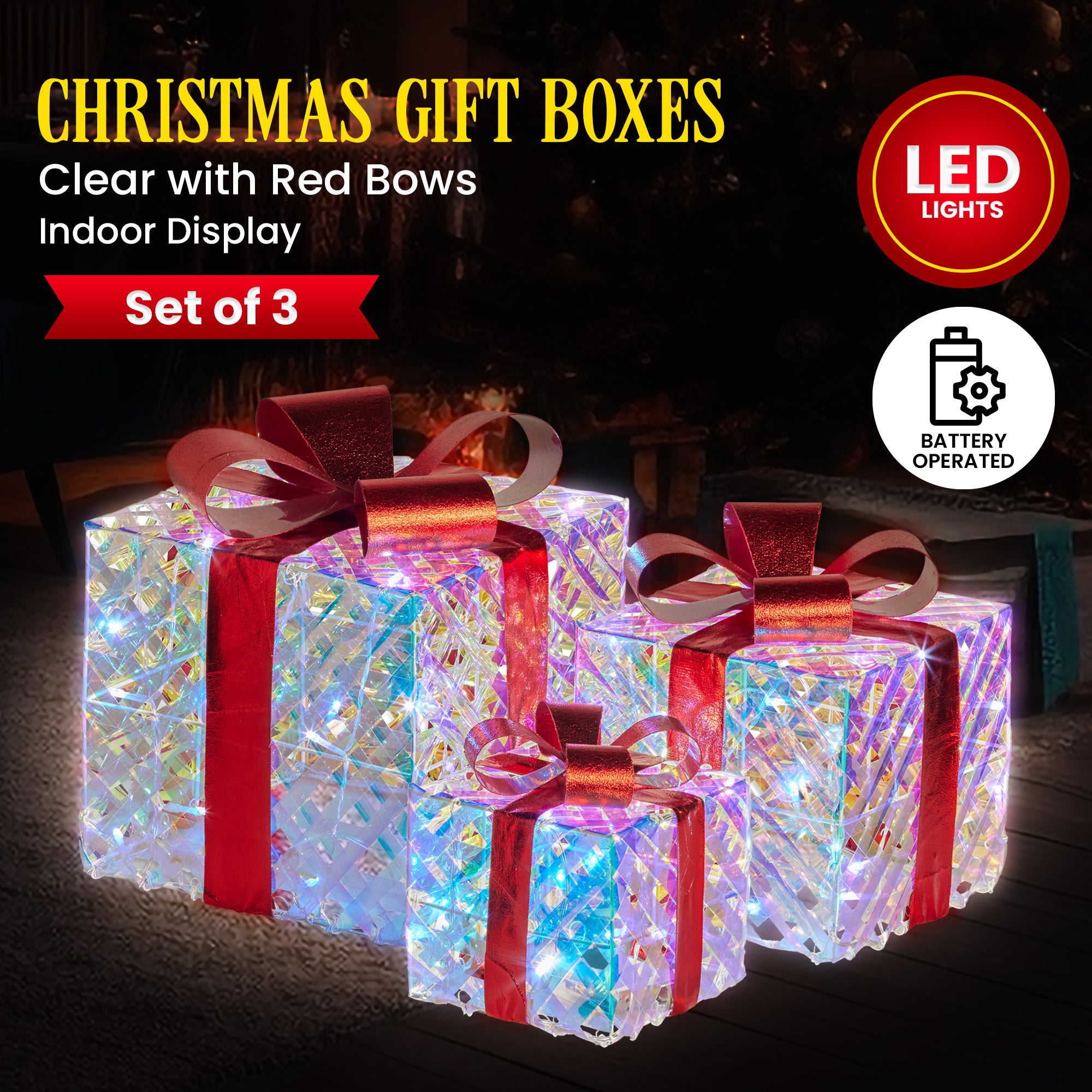 Christabelle Set of 3 Christmas Gift Boxes With Lights - Clear Shimmer With Red Bows 3