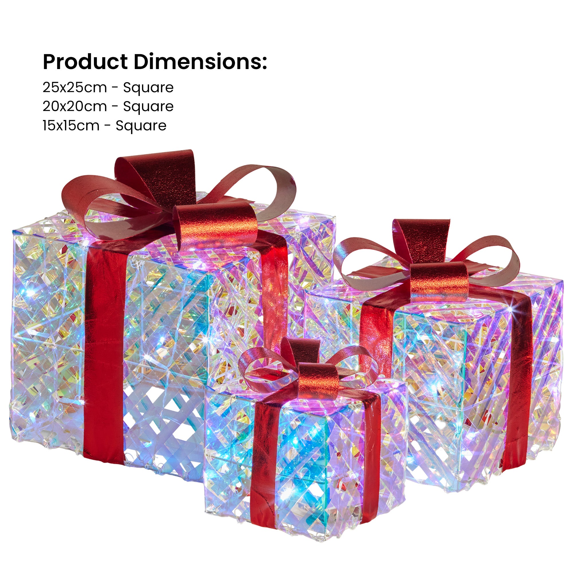 Christabelle Set of 3 Christmas Gift Boxes With Lights - Clear Shimmer With Red Bows 4