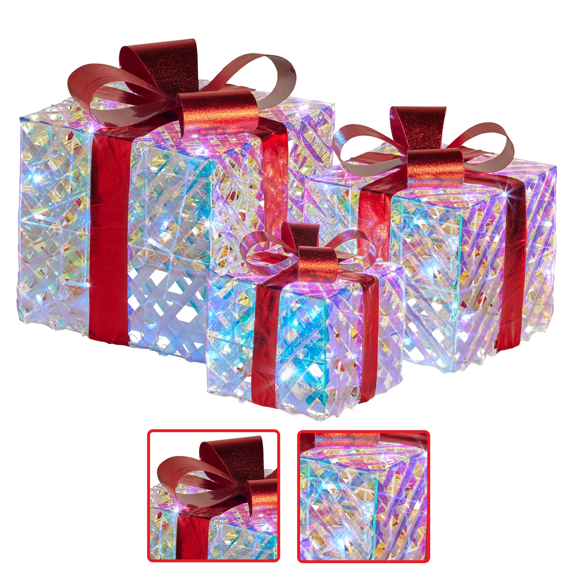 Christabelle Set of 3 Christmas Gift Boxes With Lights - Clear Shimmer With Red Bows 5