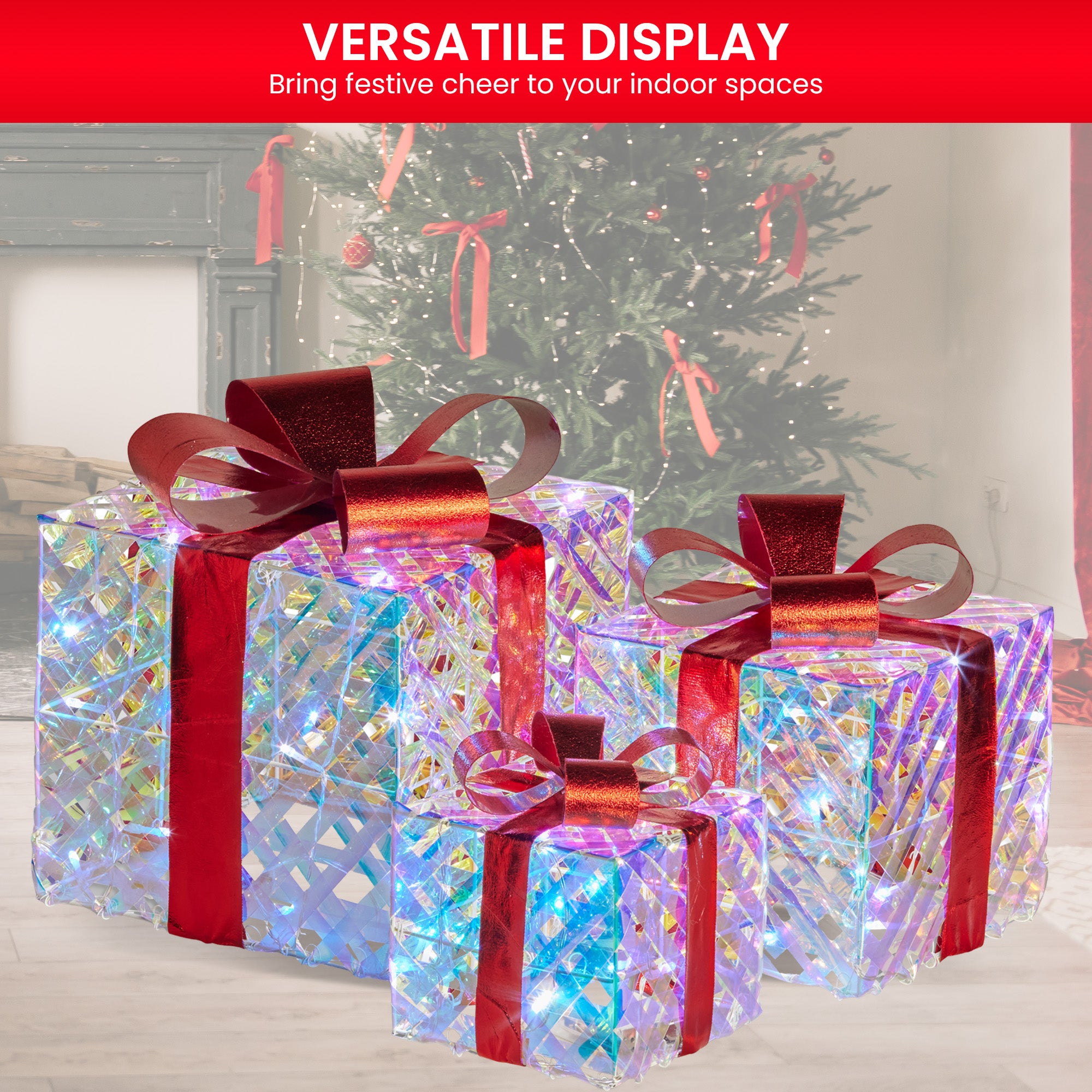 Christabelle Set of 3 Christmas Gift Boxes With Lights - Clear Shimmer With Red Bows 6