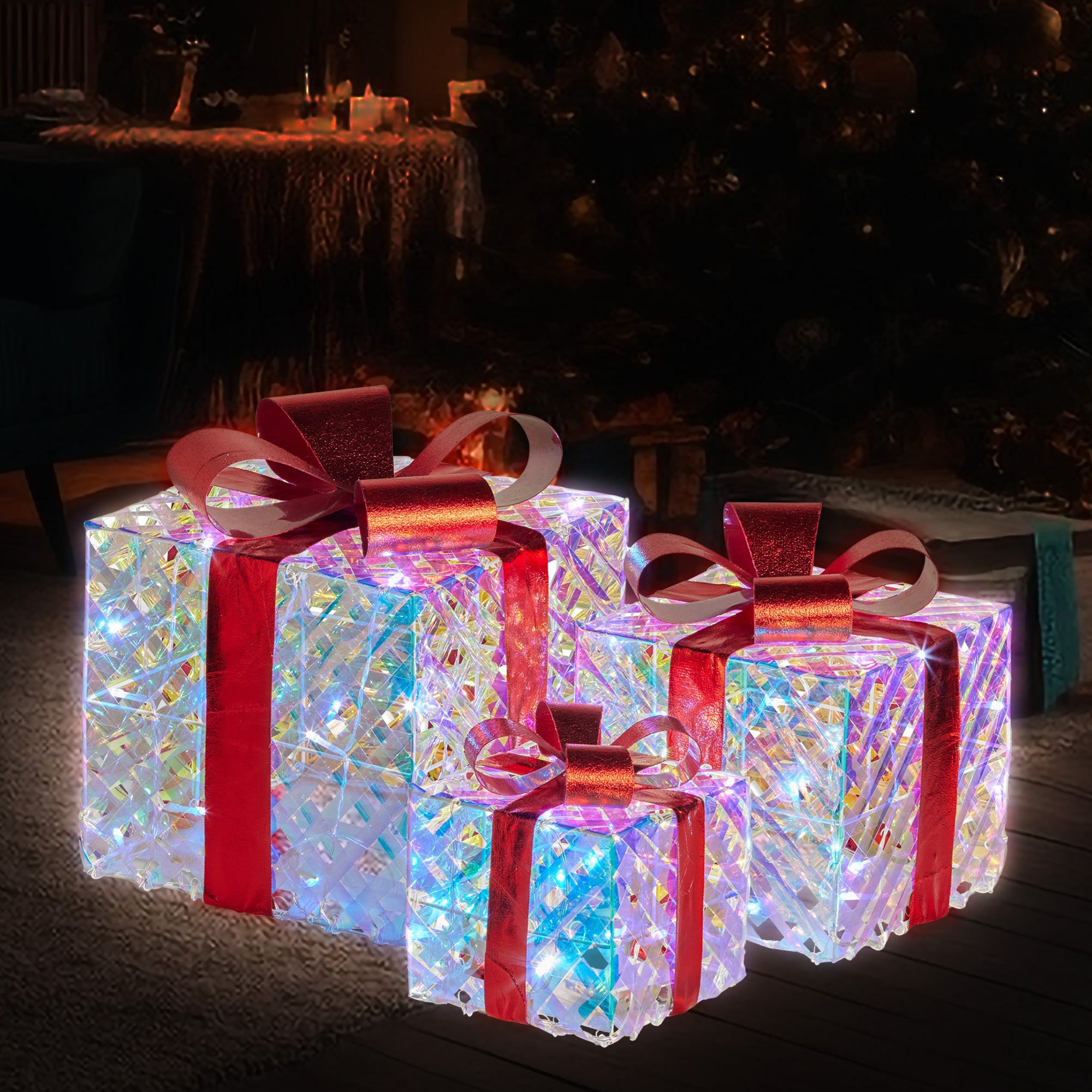 Christabelle Set of 3 Christmas Gift Boxes With Lights - Clear Shimmer With Red Bows 7