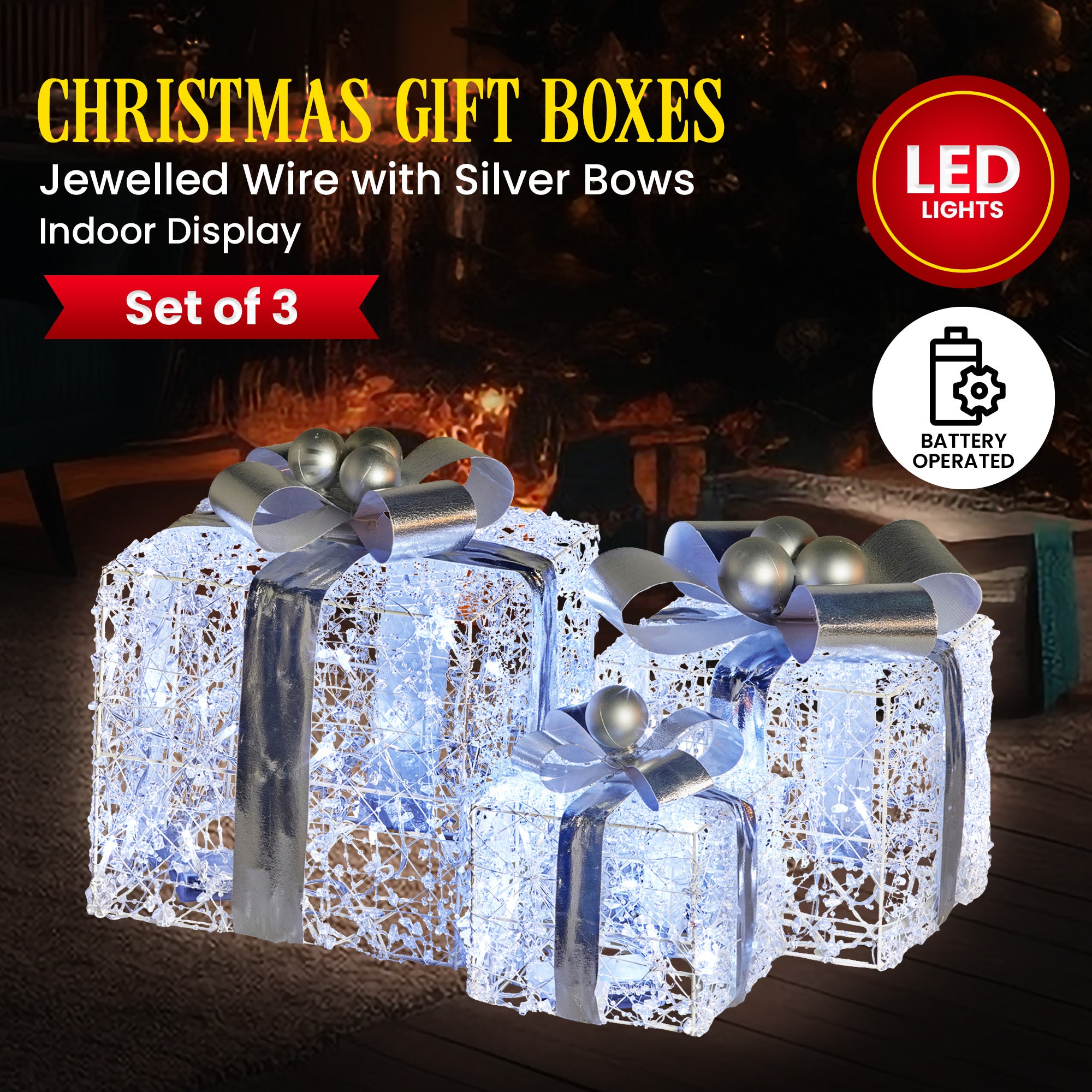 Christabelle Swishmas Set Of 3 Christmas Gift Boxes With Lights With Jewelled Wire And Silver Bows 3