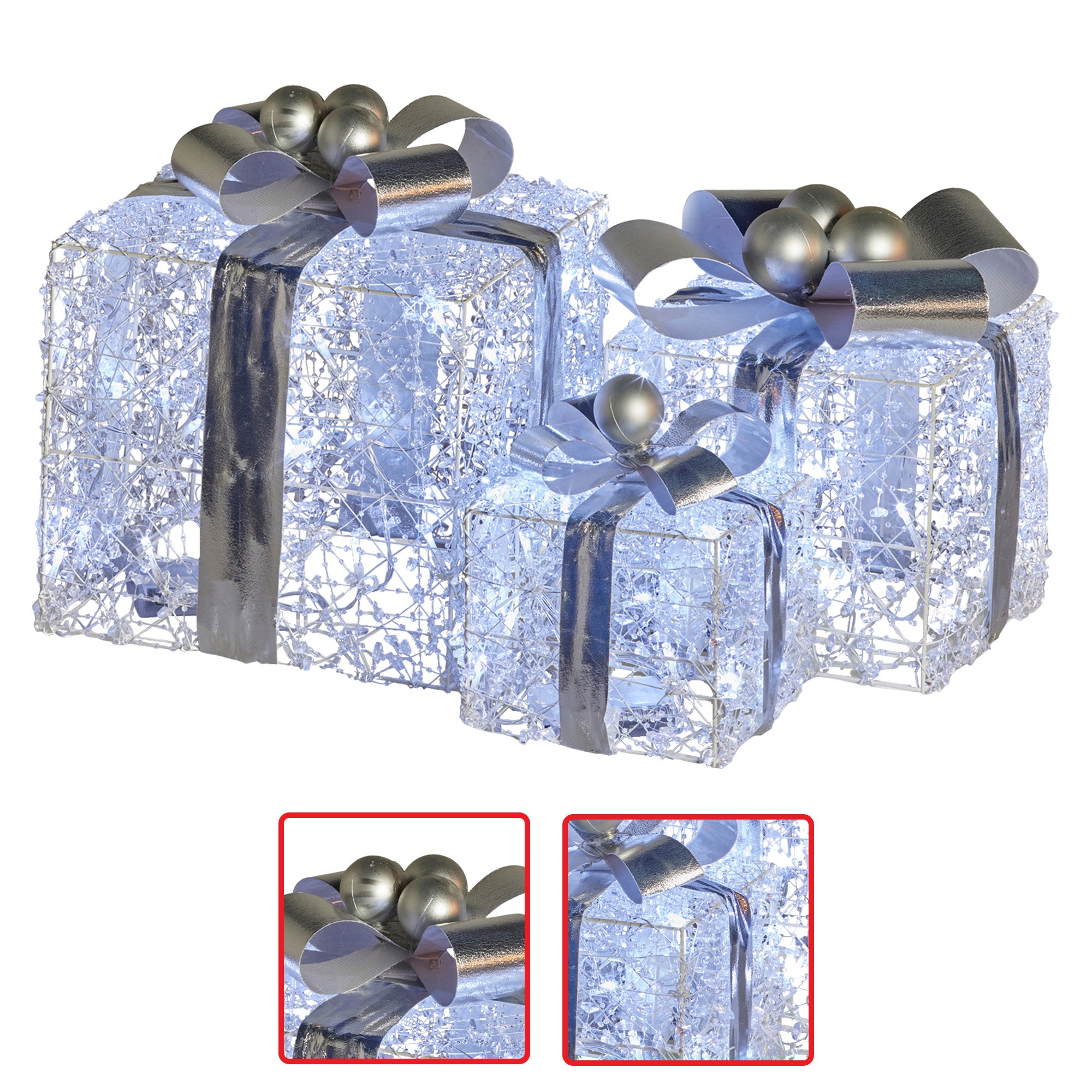 Christabelle Swishmas Set Of 3 Christmas Gift Boxes With Lights With Jewelled Wire And Silver Bows 5