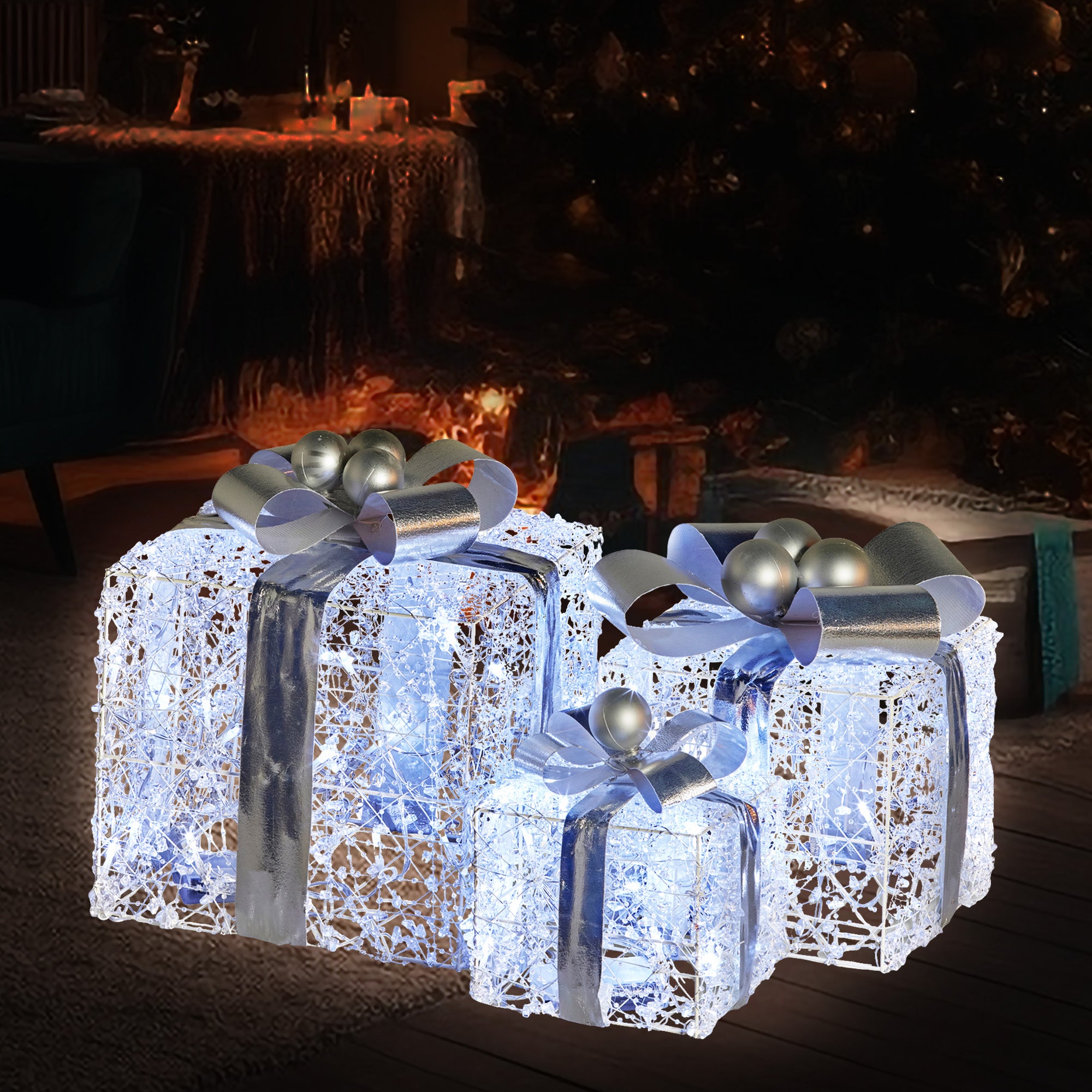 Christabelle Swishmas Set Of 3 Christmas Gift Boxes With Lights With Jewelled Wire And Silver Bows 7