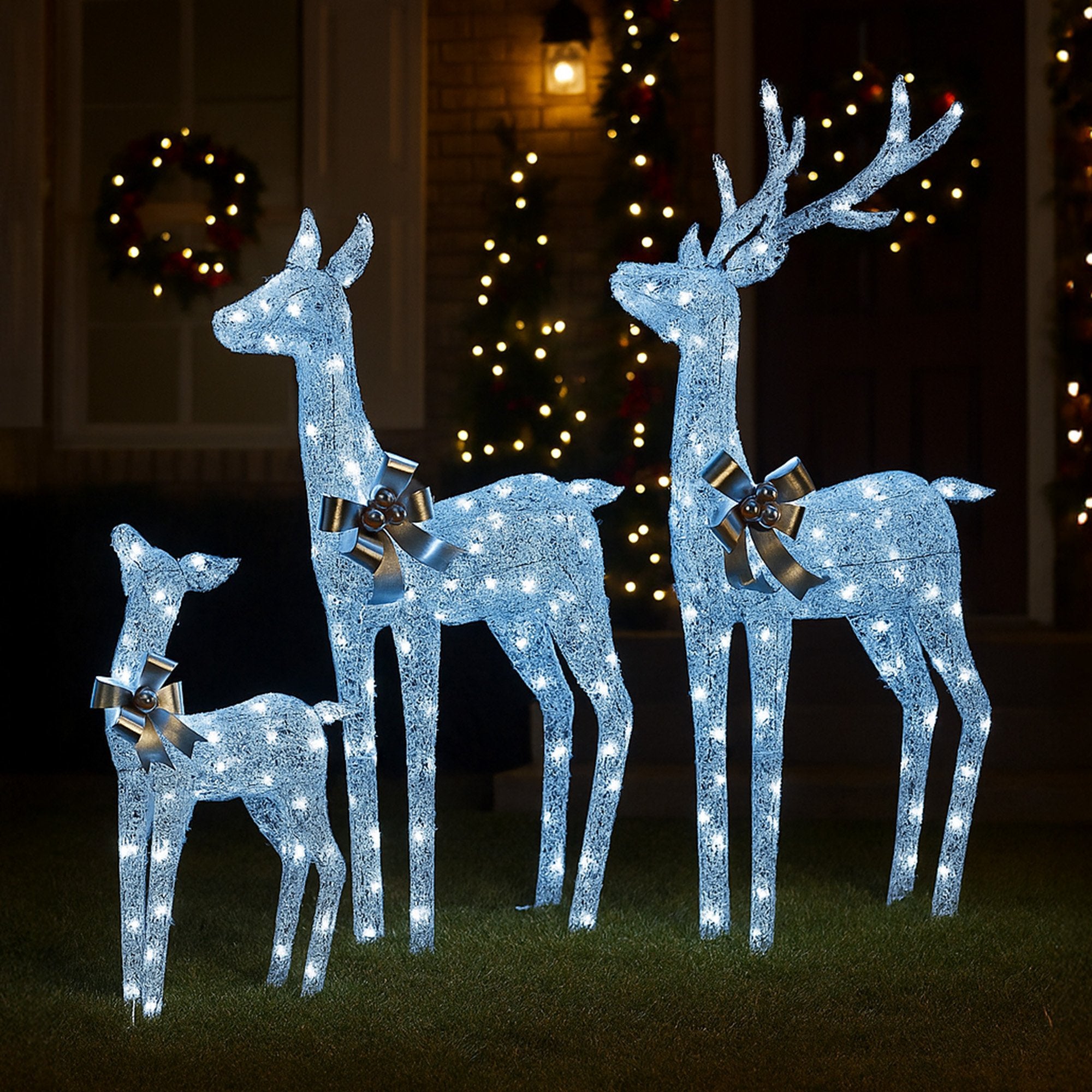 Christabelle Christmas Reindeer Display Set 3 Indoor & Outdoor Decorations Acrylic Beads Cool White LED Lights Silver 8