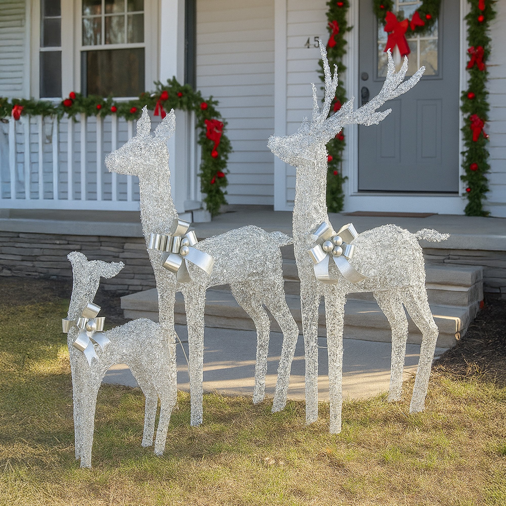 Christabelle Christmas Reindeer Display Set 3 Indoor & Outdoor Decorations Acrylic Beads Cool White LED Lights Silver 9