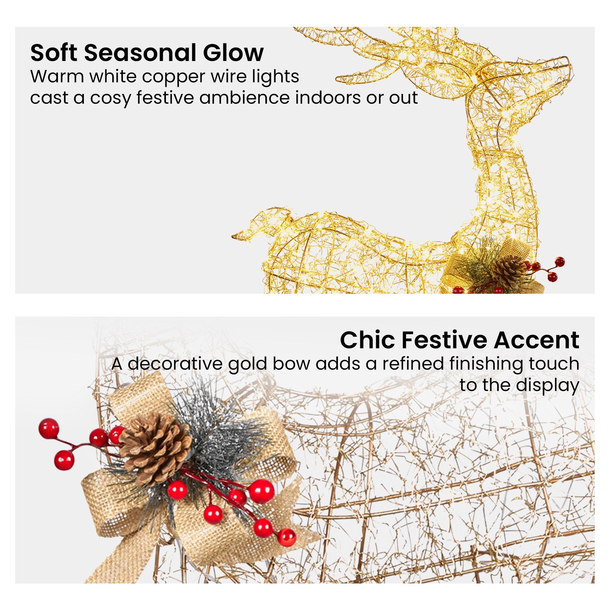 Christabelle Light Up Christmas Reindeer Display Indoor & Outdoor Decoration Warm White LED Lights Gold Bow Wire Frame 5