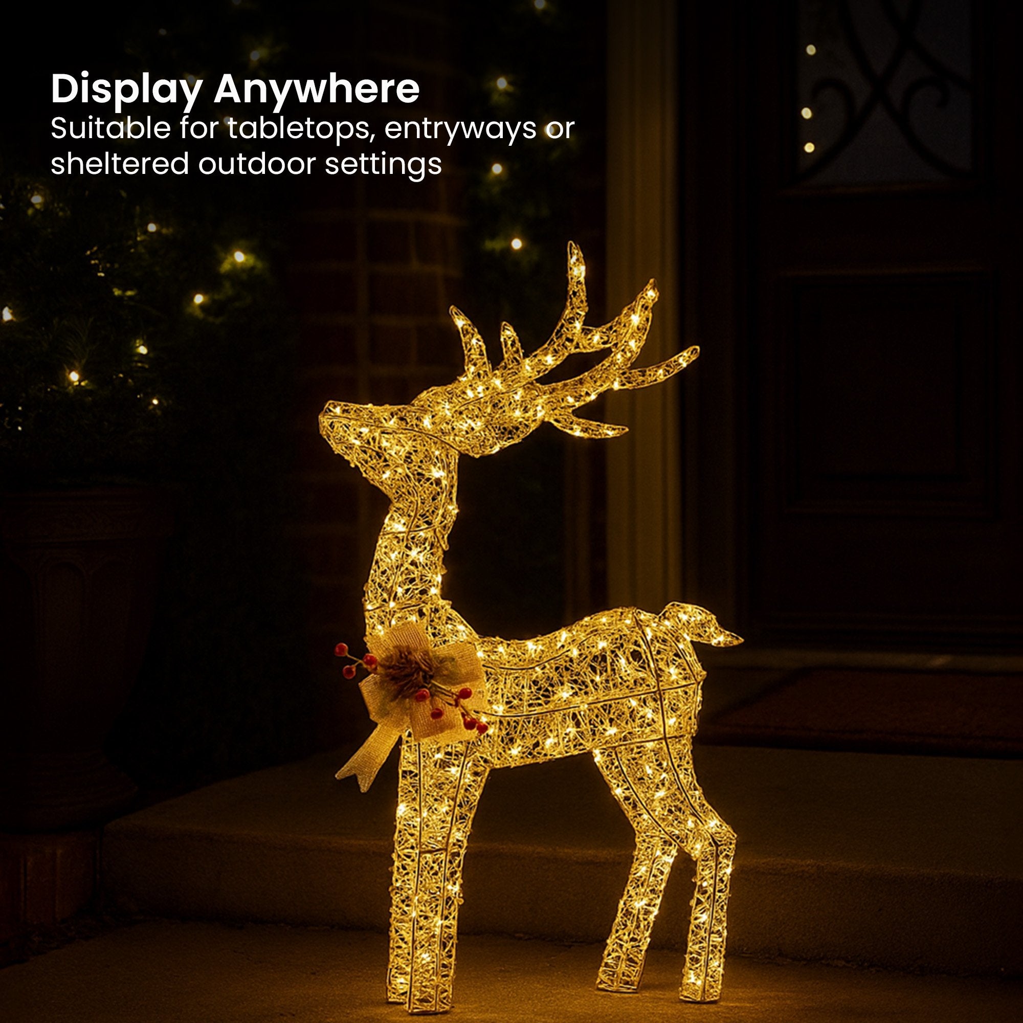 Christabelle Light Up Christmas Reindeer Display Indoor & Outdoor Decoration Warm White LED Lights Gold Bow Wire Frame 6