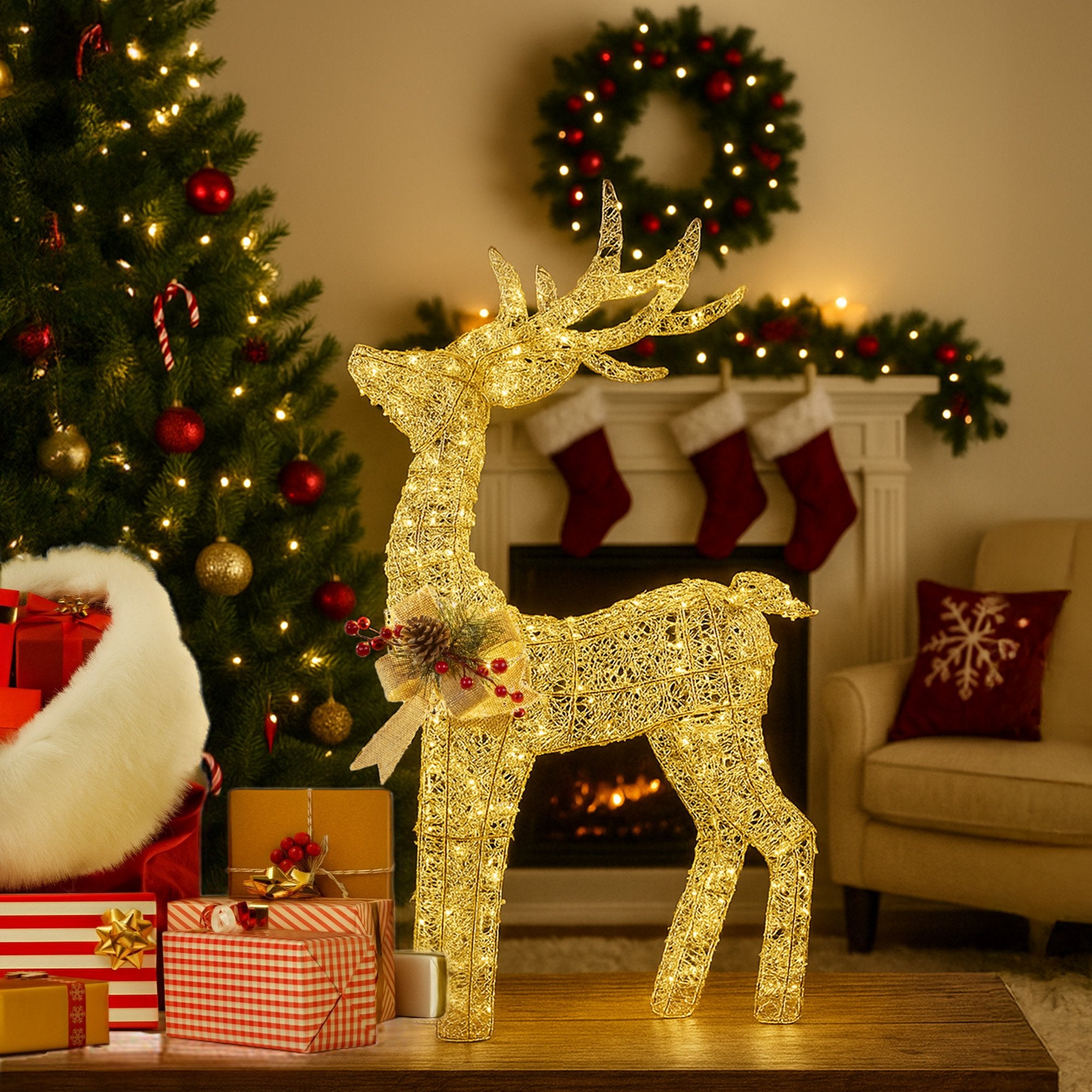 Christabelle Light Up Christmas Reindeer Display Indoor & Outdoor Decoration Warm White LED Lights Gold Bow Wire Frame 7