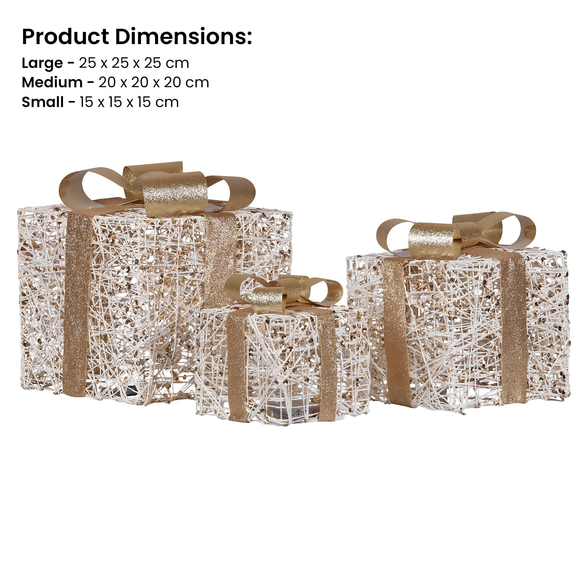 Christabelle Set of 3 Battery Operated Golden Christmas Gift Boxes w/Warm White LED Lights Indoor Decorative Holiday 3