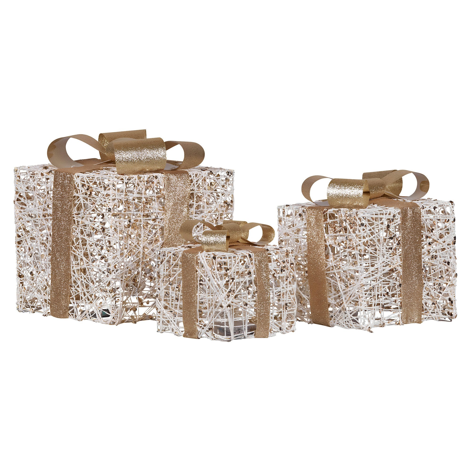 Christabelle Set of 3 Battery Operated Golden Christmas Gift Boxes w/Warm White LED Lights Indoor Decorative Holiday 4