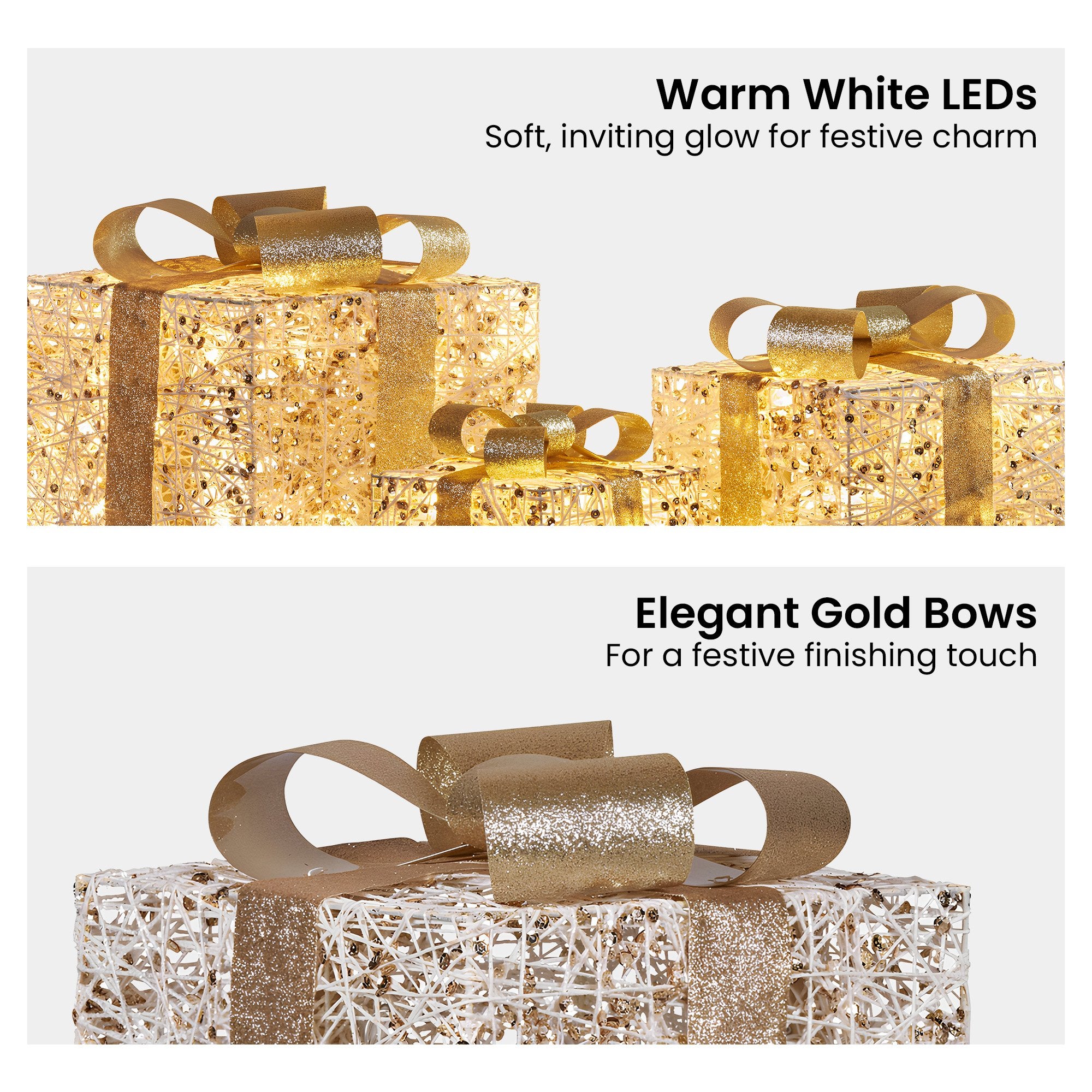 Christabelle Set of 3 Battery Operated Golden Christmas Gift Boxes w/Warm White LED Lights Indoor Decorative Holiday 5
