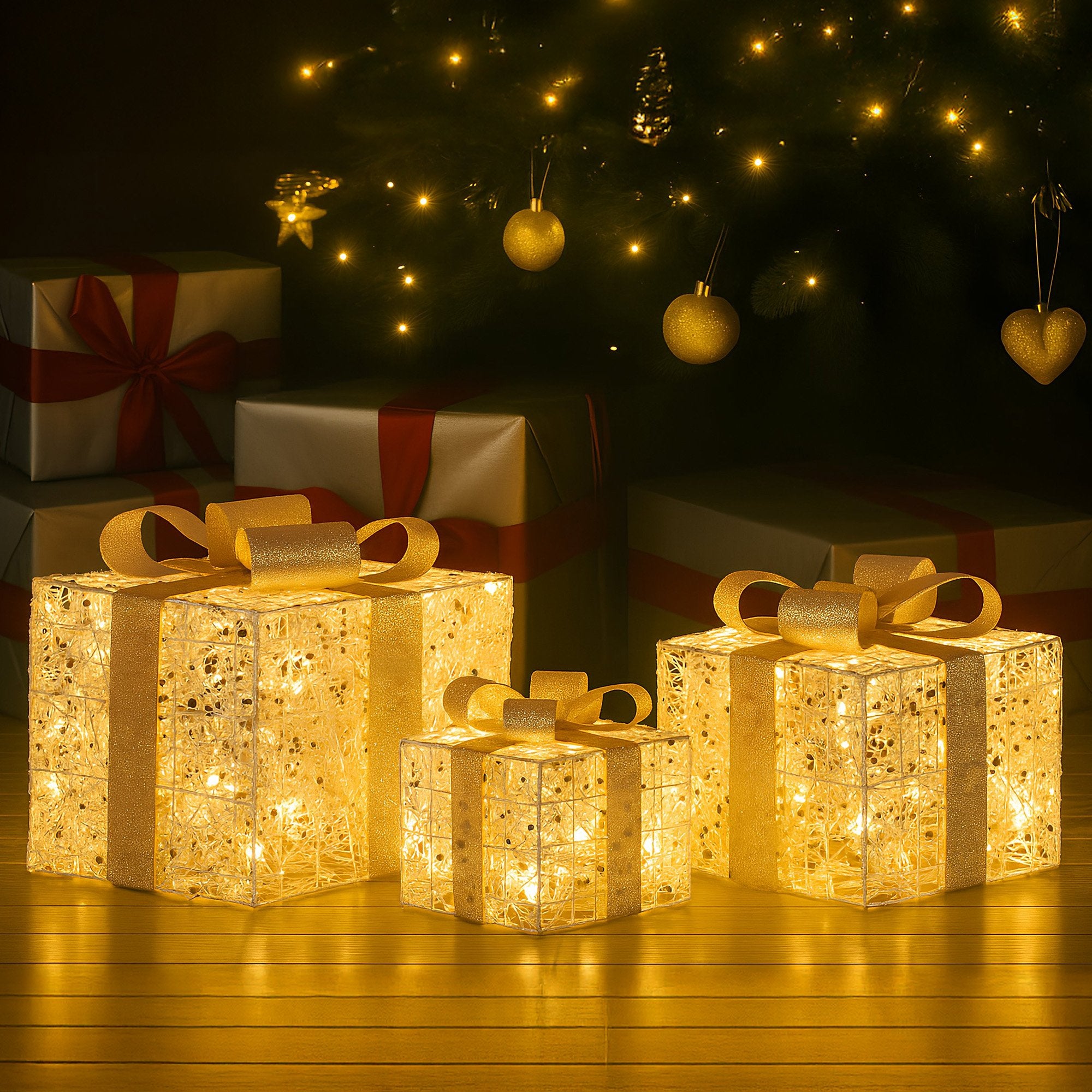 Christabelle Set of 3 Battery Operated Golden Christmas Gift Boxes w/Warm White LED Lights Indoor Decorative Holiday 6