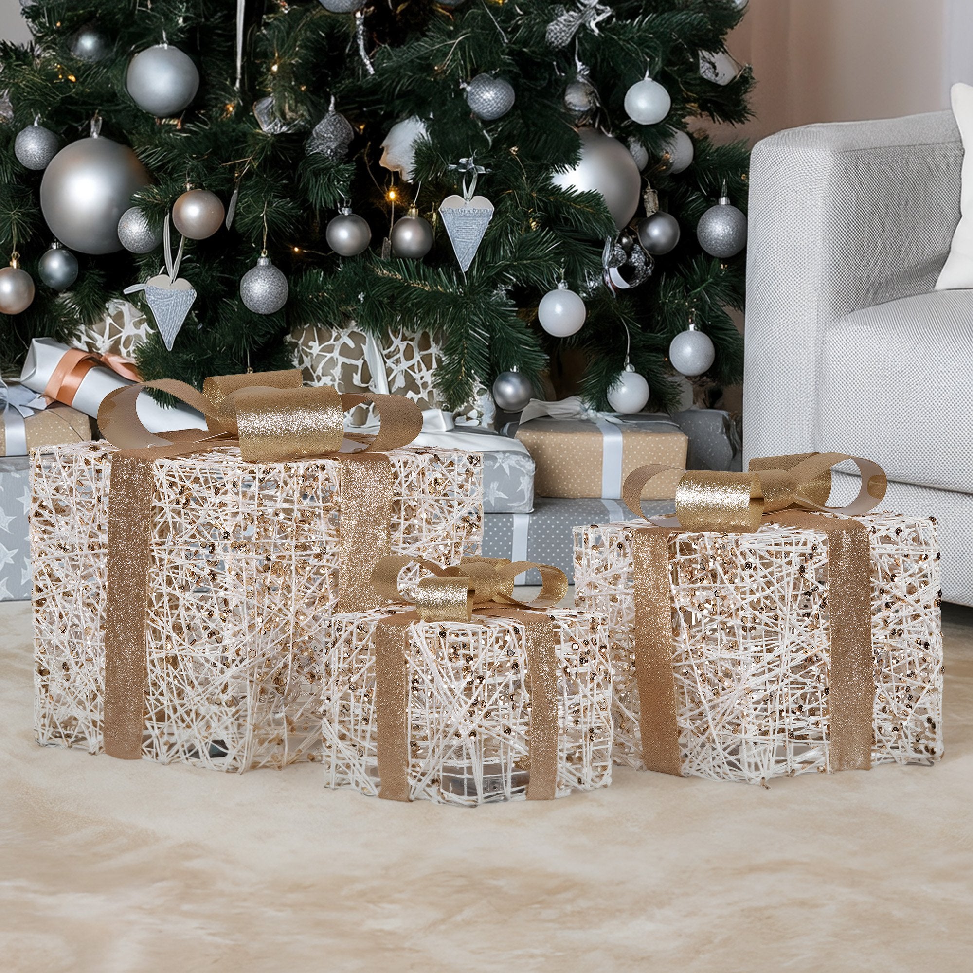 Christabelle Set of 3 Battery Operated Golden Christmas Gift Boxes w/Warm White LED Lights Indoor Decorative Holiday 7