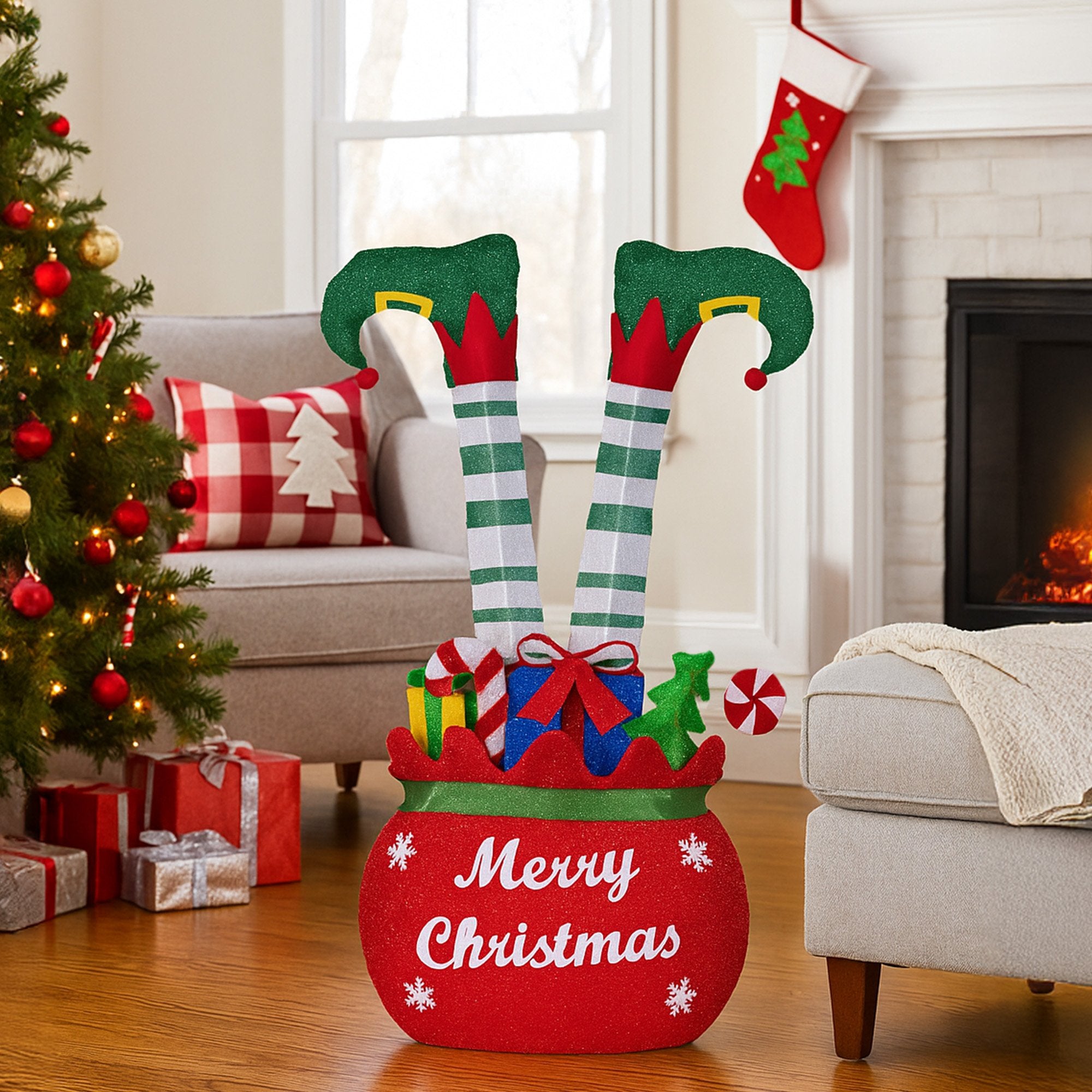 Christabelle Elf in Gift Sack Christmas Display Warm White LED Lights 86cm for Decoration w/Wire Frame Construction 9