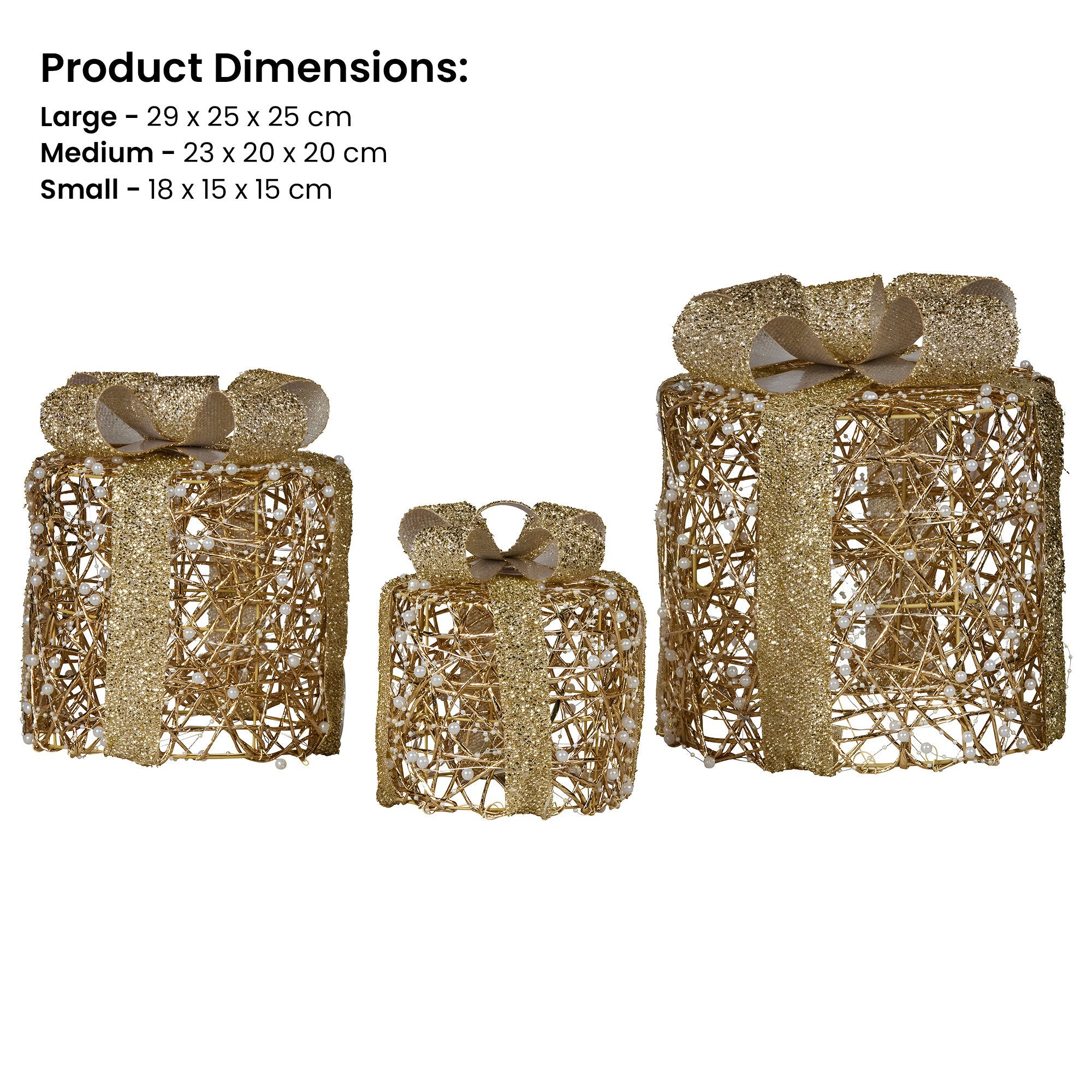 Christabelle Set of 3 Christmas Gift Box Display Gold with LED Lights and Bows Decoration Ornament Present 3