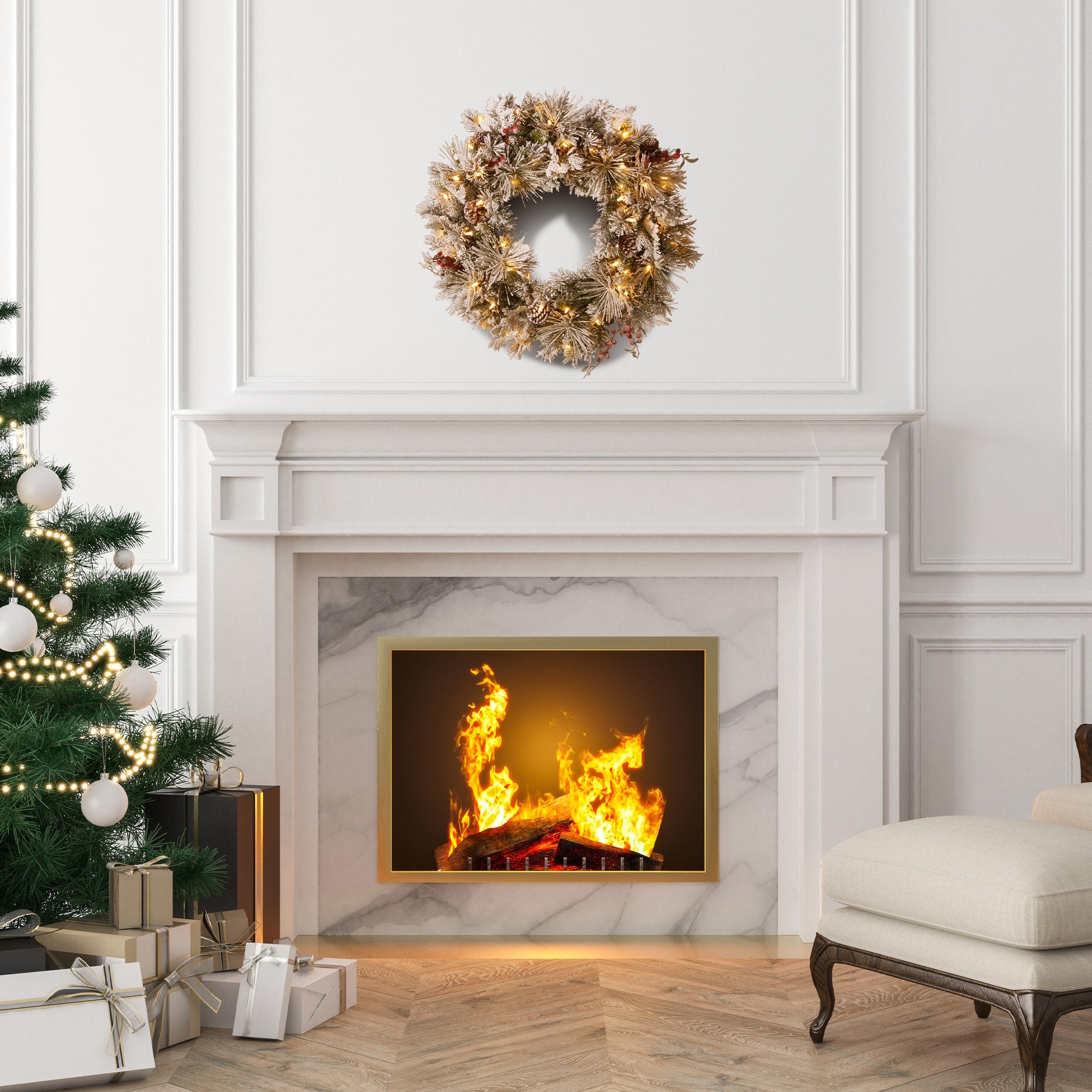 Christabelle 61cm Snowy Christmas Wreath Bedford with LED Lights Front Door Decoration Ornament 6