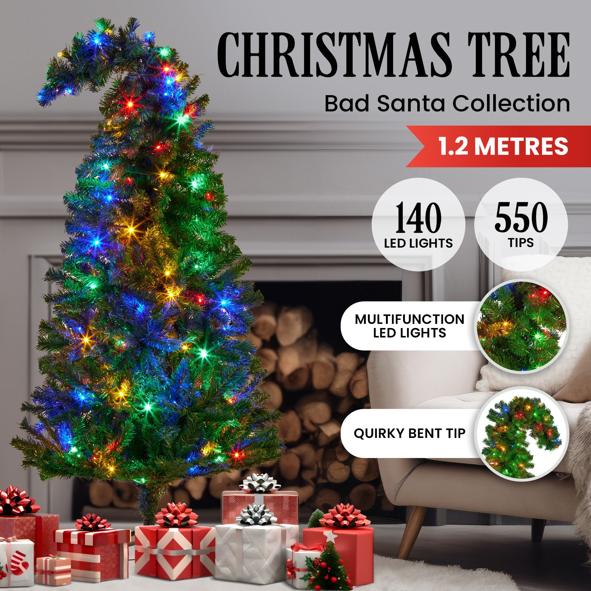 Christabelle Bad Santa 1.2m Curved Multicolour Pre-Lit Christmas Tree with 550 Tips 4