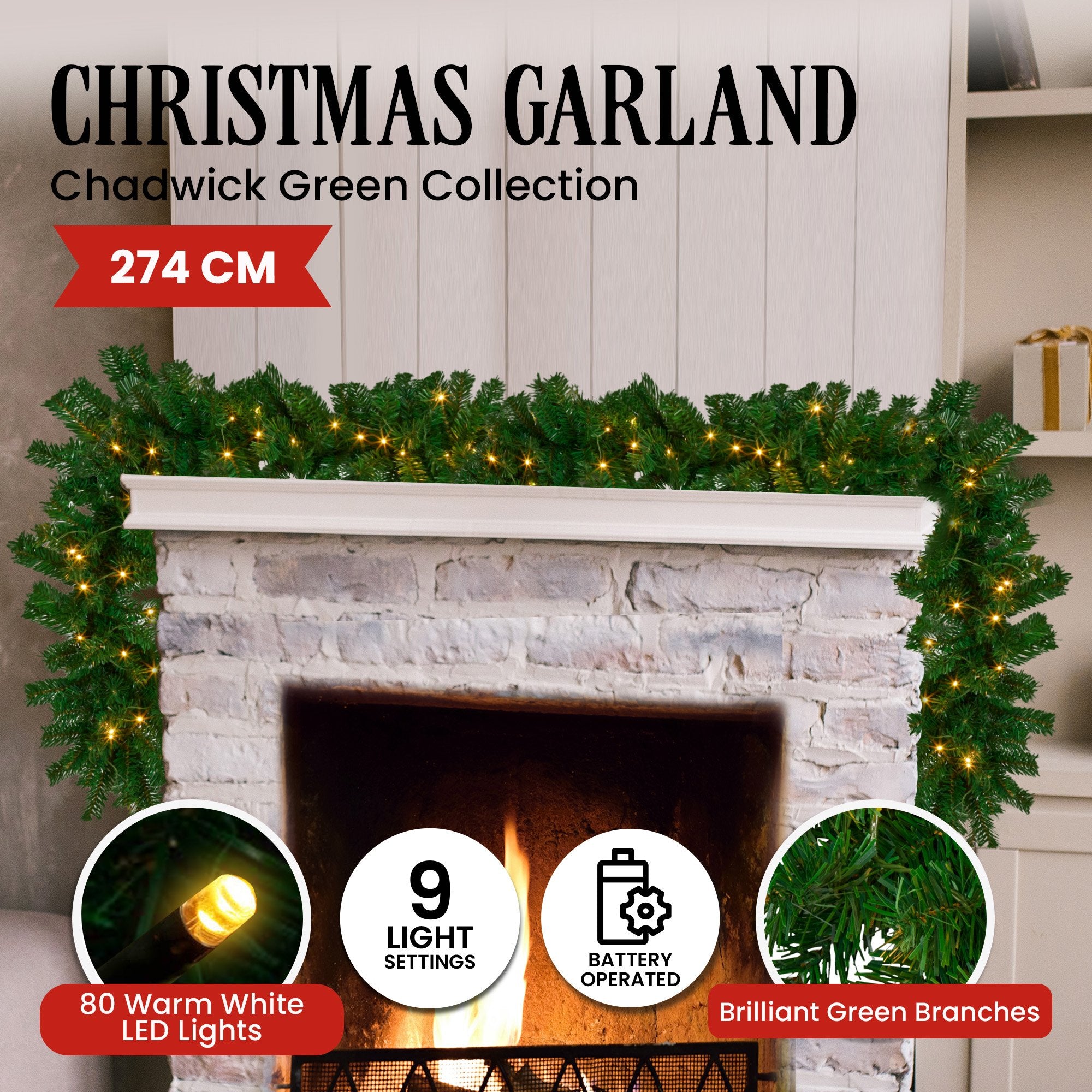 Christabelle 2.7m Christmas Garland with LED Lights Chadwick Tree Decoration Ornament 3