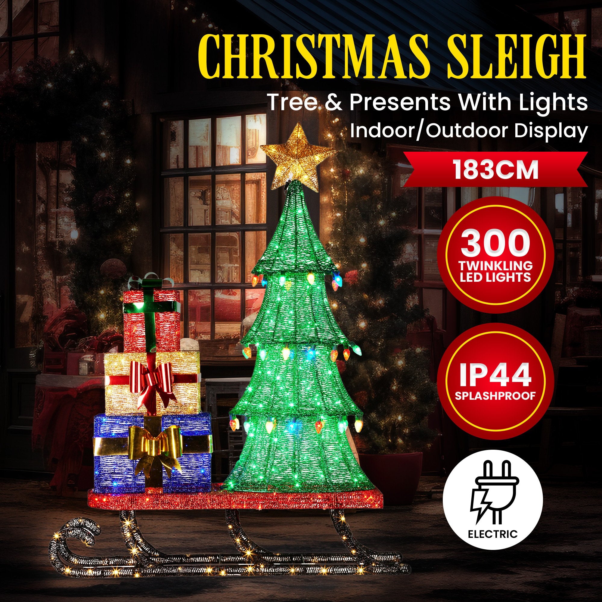 Christabelle Christmas Display Sled 183cm With Tree And Presents Led Lights & C9 Bulbs 3