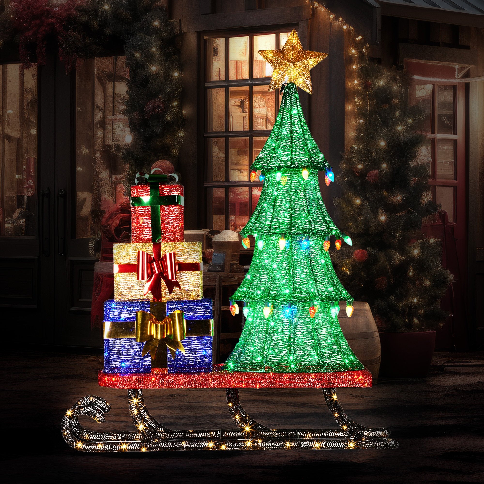 Christabelle Christmas Display Sled 183cm With Tree And Presents Led Lights & C9 Bulbs 7