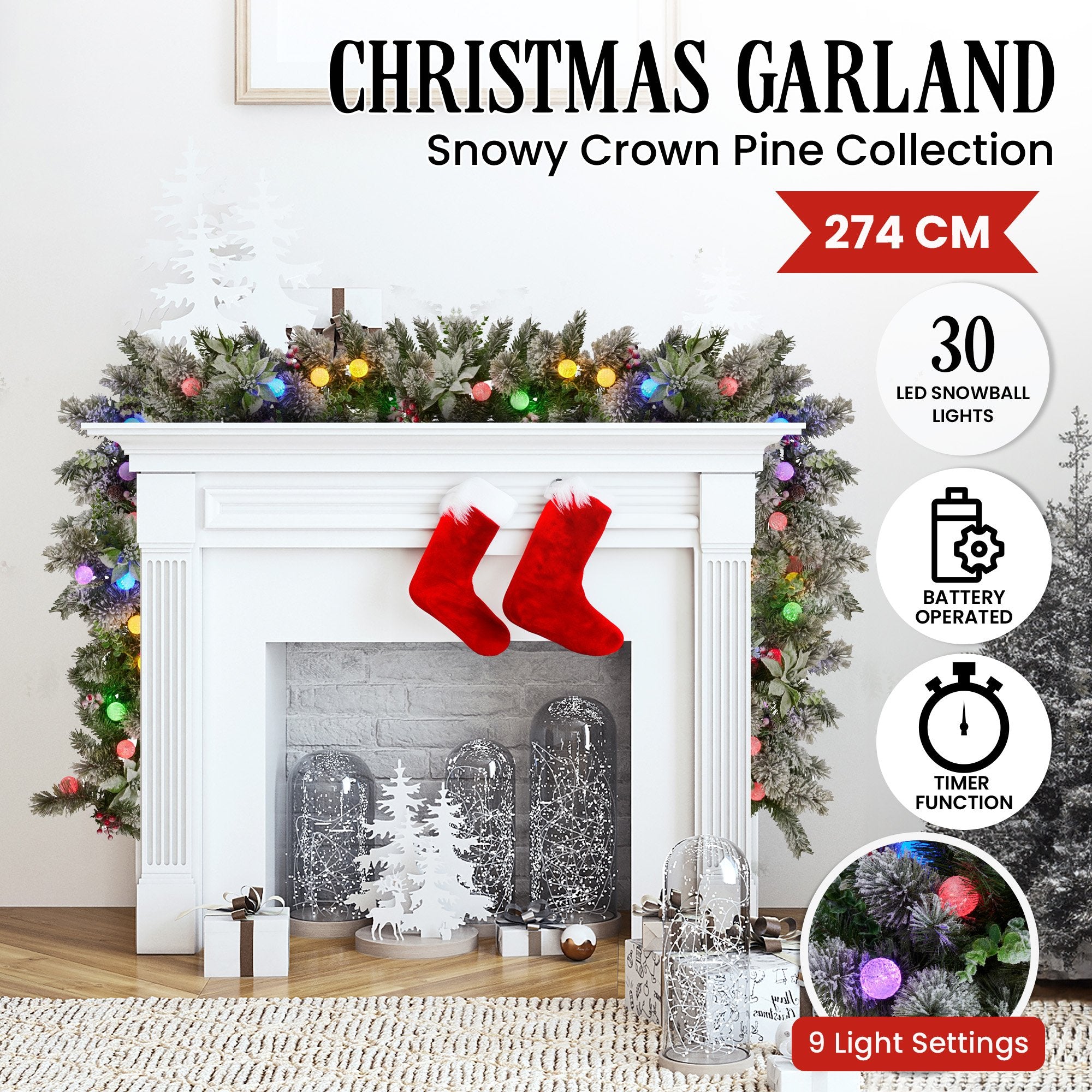 Swishmas 274cm Snowy Crown Pine Pre-Lit Multicolour Christmas Garland 4