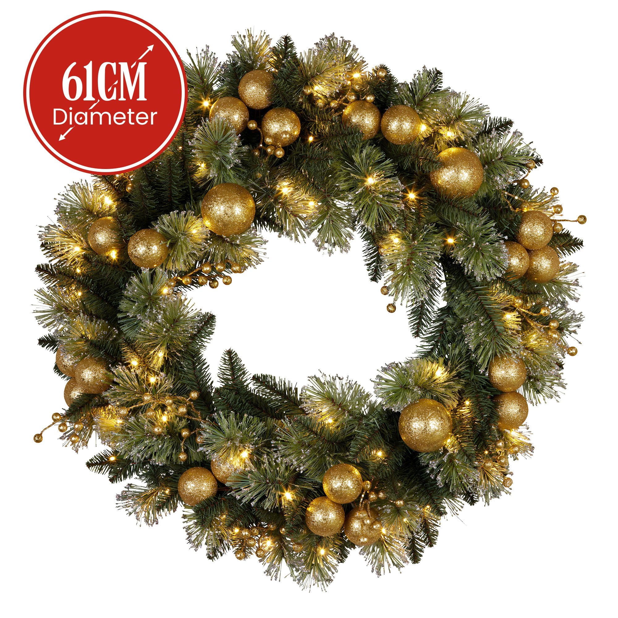Christabelle 61cm Christmas Wreath Glittery Tipped with LED Lights and Golden Baubles Front Door Decoration Ornament 3