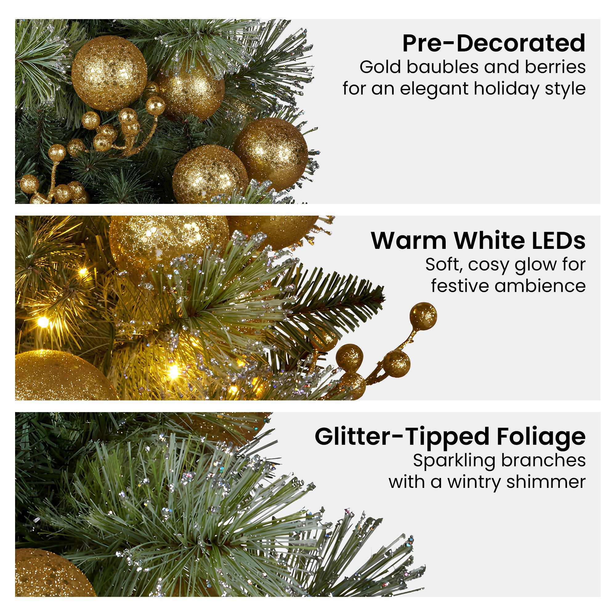Christabelle 61cm Christmas Wreath Glittery Tipped with LED Lights and Golden Baubles Front Door Decoration Ornament 5
