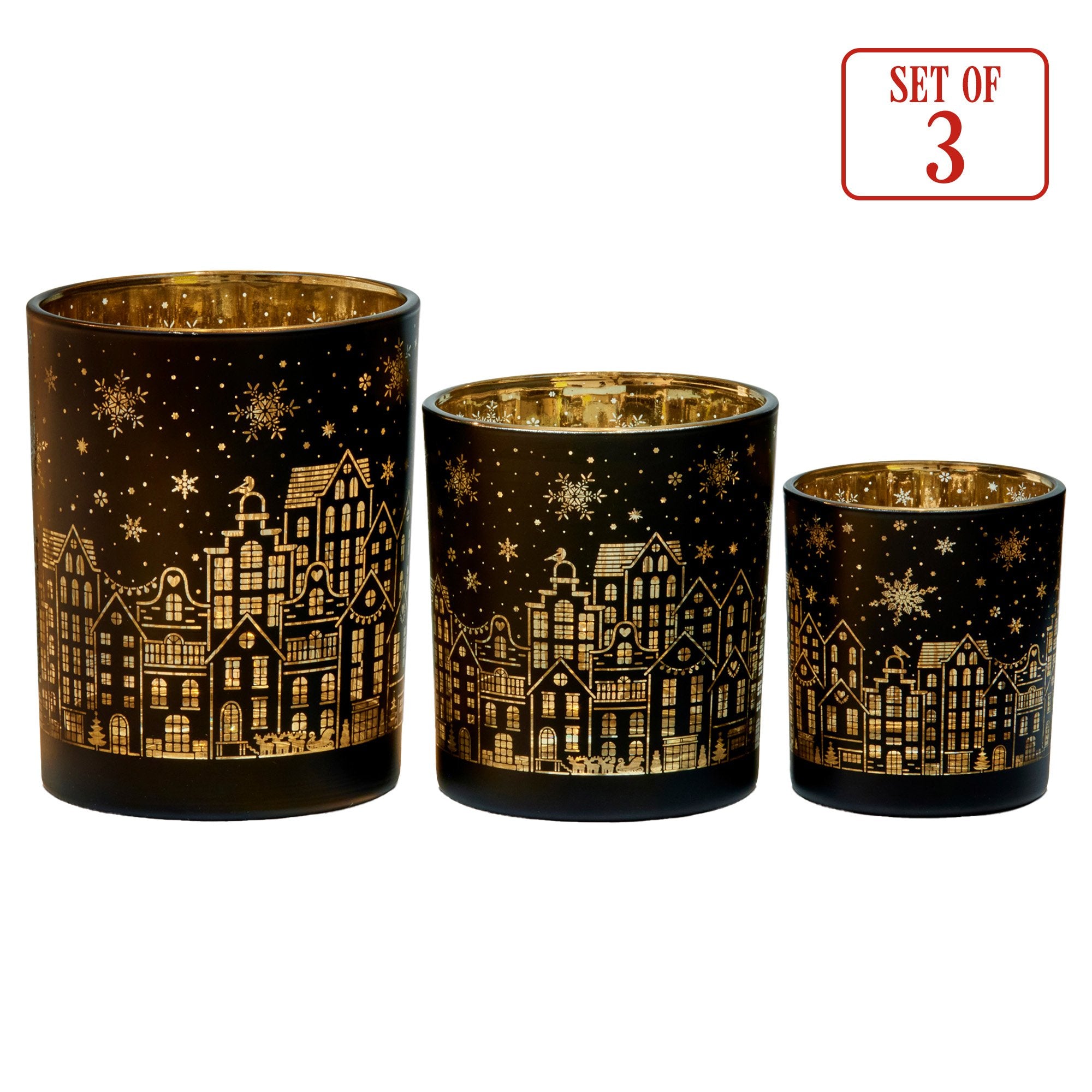 Christabelle Christmas Candle Jar Set Of 3 Black And Gold Holiday Candle Holders 4